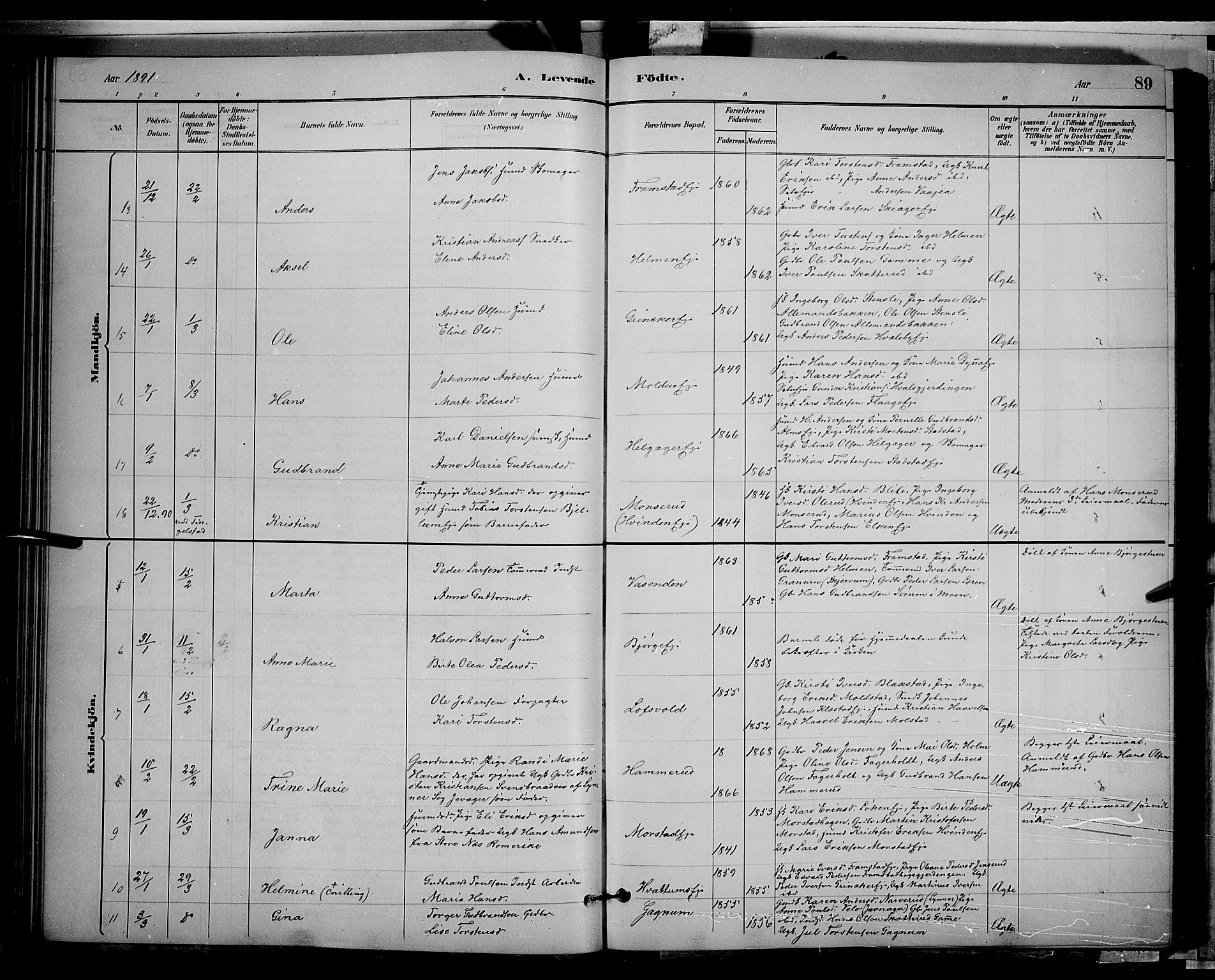 Gran prestekontor, AV/SAH-PREST-112/H/Ha/Hab/L0002: Parish register (copy) no. 2, 1879-1892, p. 89