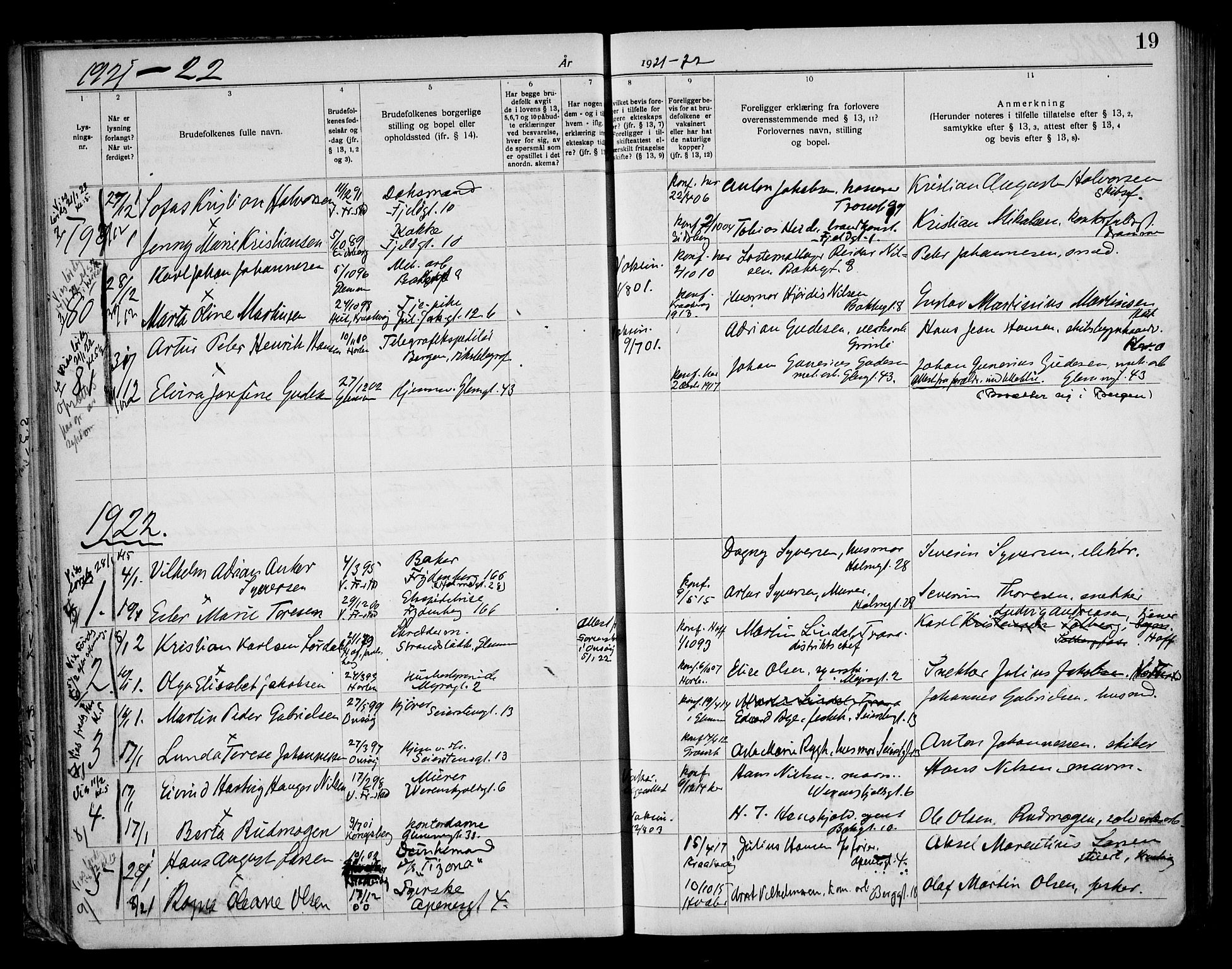 Fredrikstad domkirkes prestekontor Kirkebøker, SAO/A-10906/H/Ha/L0003: Banns register no. 3, 1919-1932, p. 19