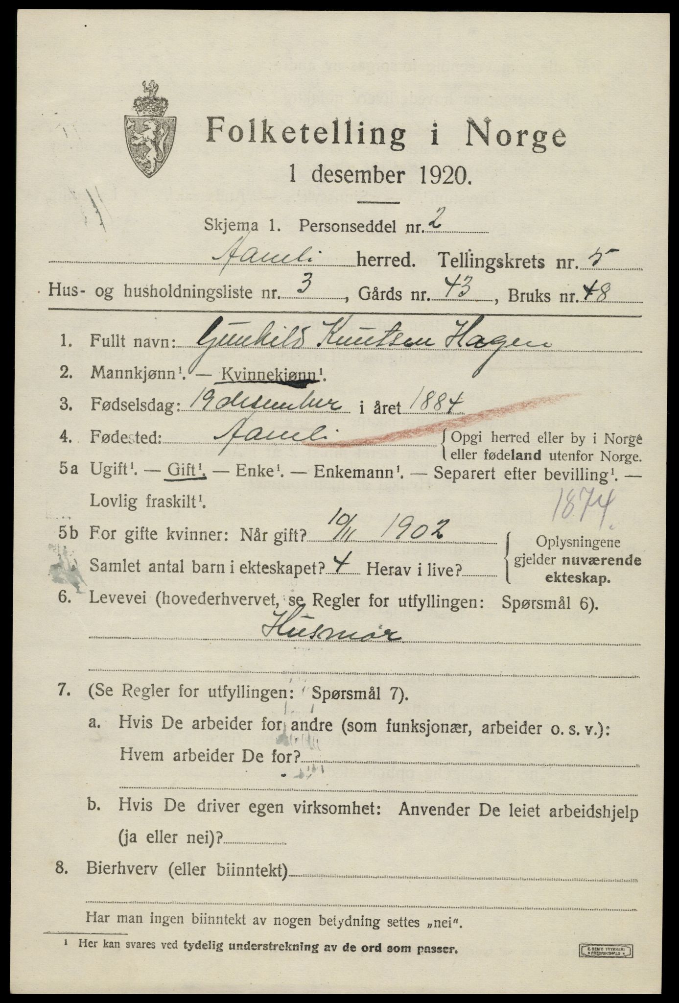 SAK, 1920 census for Åmli, 1920, p. 2309
