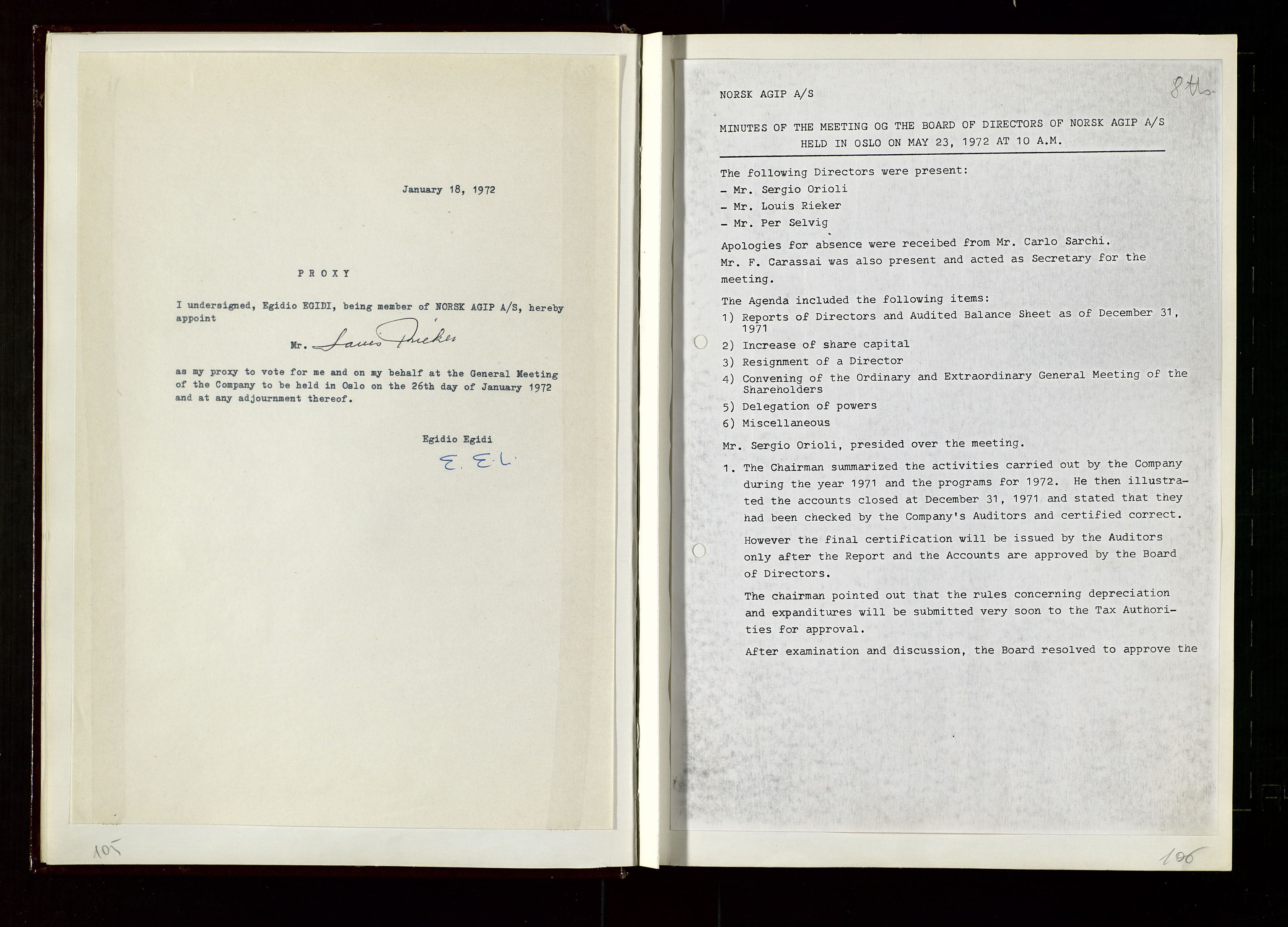 Pa 1583 - Norsk Agip AS, AV/SAST-A-102138/A/Aa/L0002: General assembly and Board of Directors meeting minutes, 1972-1979, p. 105-106