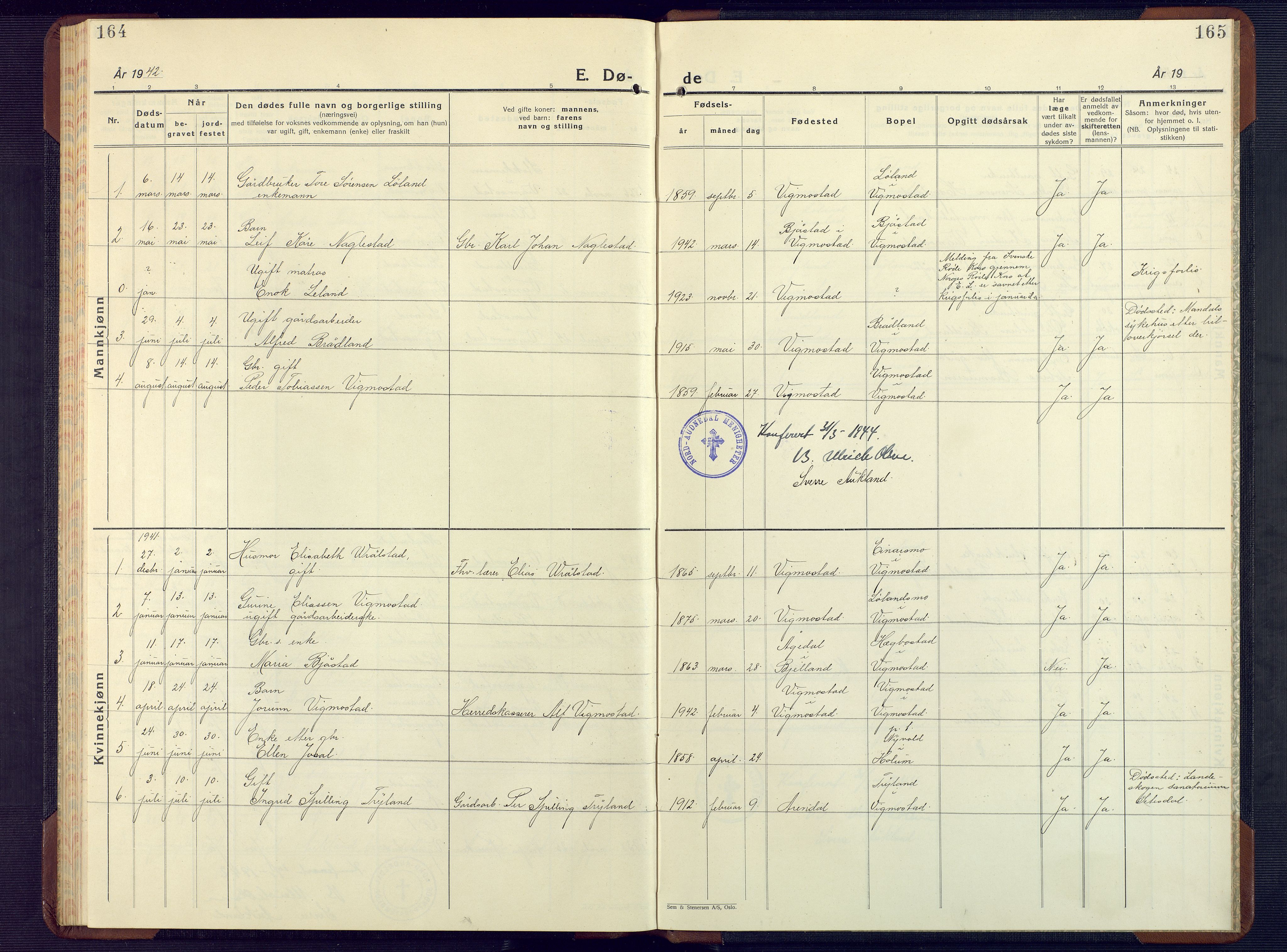 Nord-Audnedal sokneprestkontor, SAK/1111-0032/F/Fb/Fbb/L0006: Parish register (copy) no. B 6, 1930-1948, p. 164-165