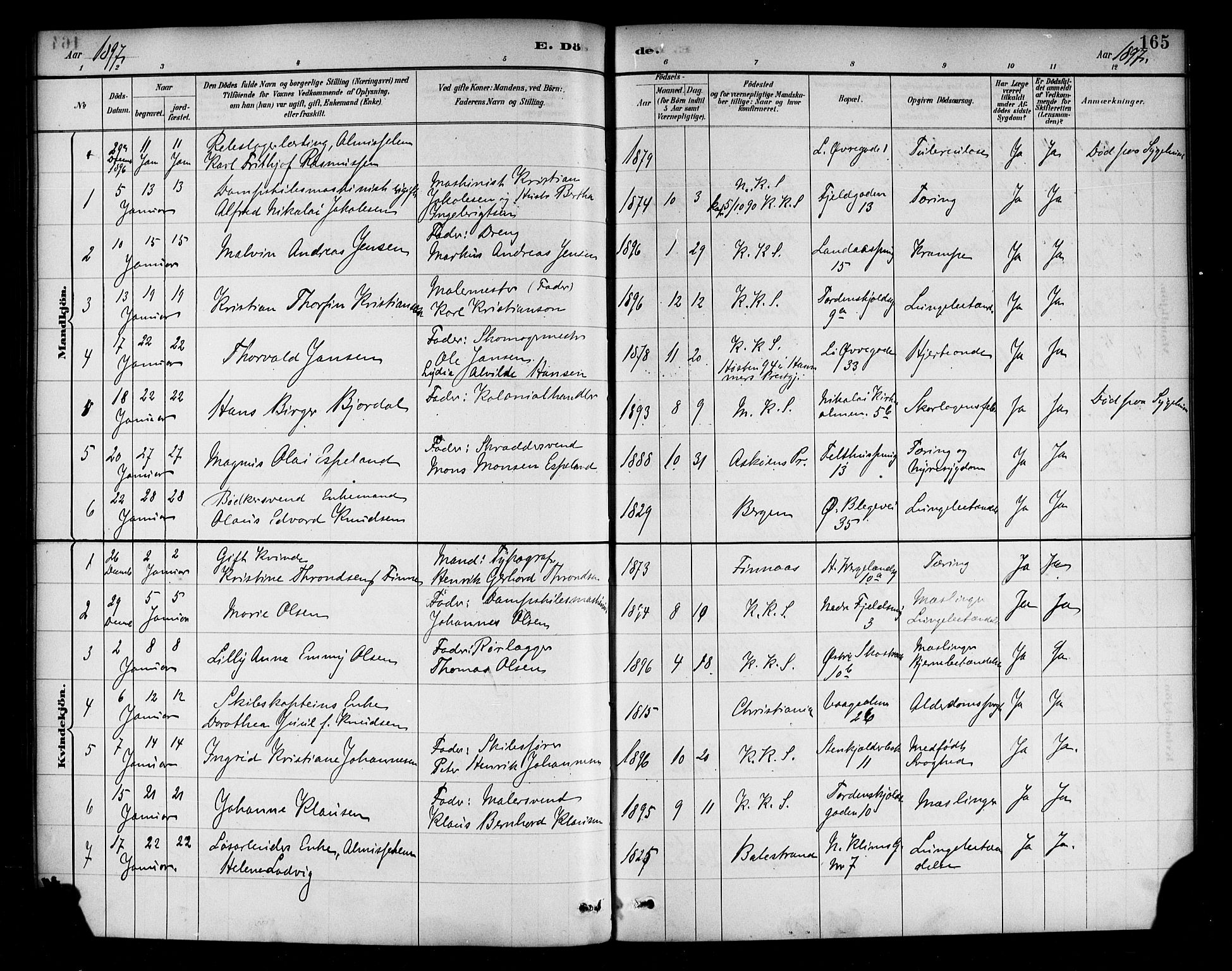 Korskirken sokneprestembete, SAB/A-76101/H/Haa/L0047: Parish register (official) no. E 5, 1884-1910, p. 165
