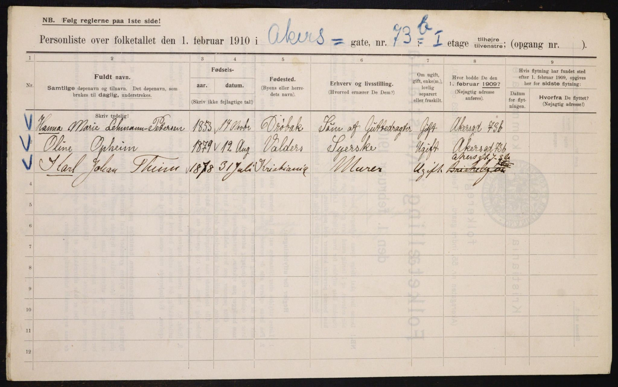 OBA, Municipal Census 1910 for Kristiania, 1910, p. 749