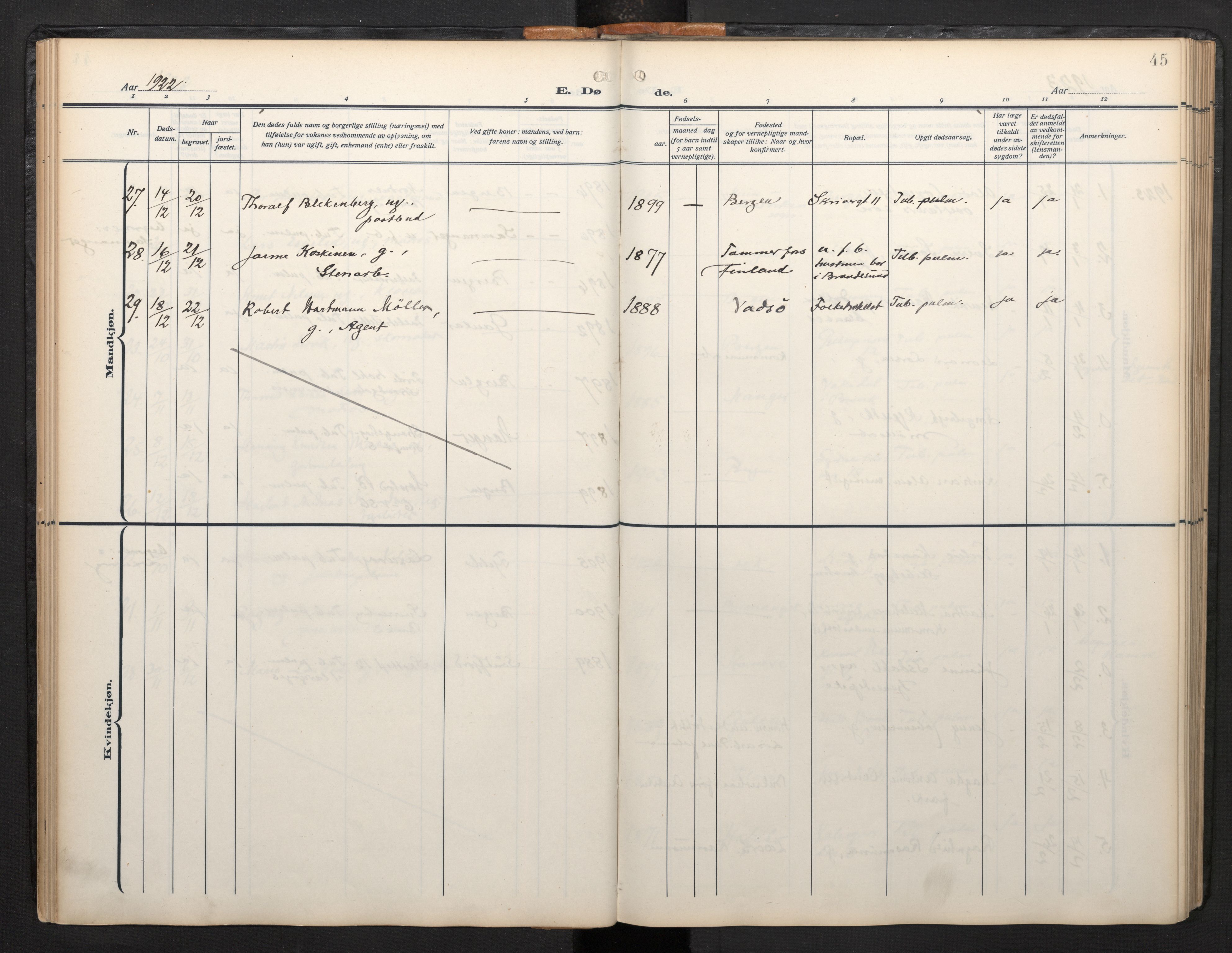 Arkivreferanse mangler*, SAB/-: Parish register (official) no. A 1, 1912-1957, p. 44b-45a