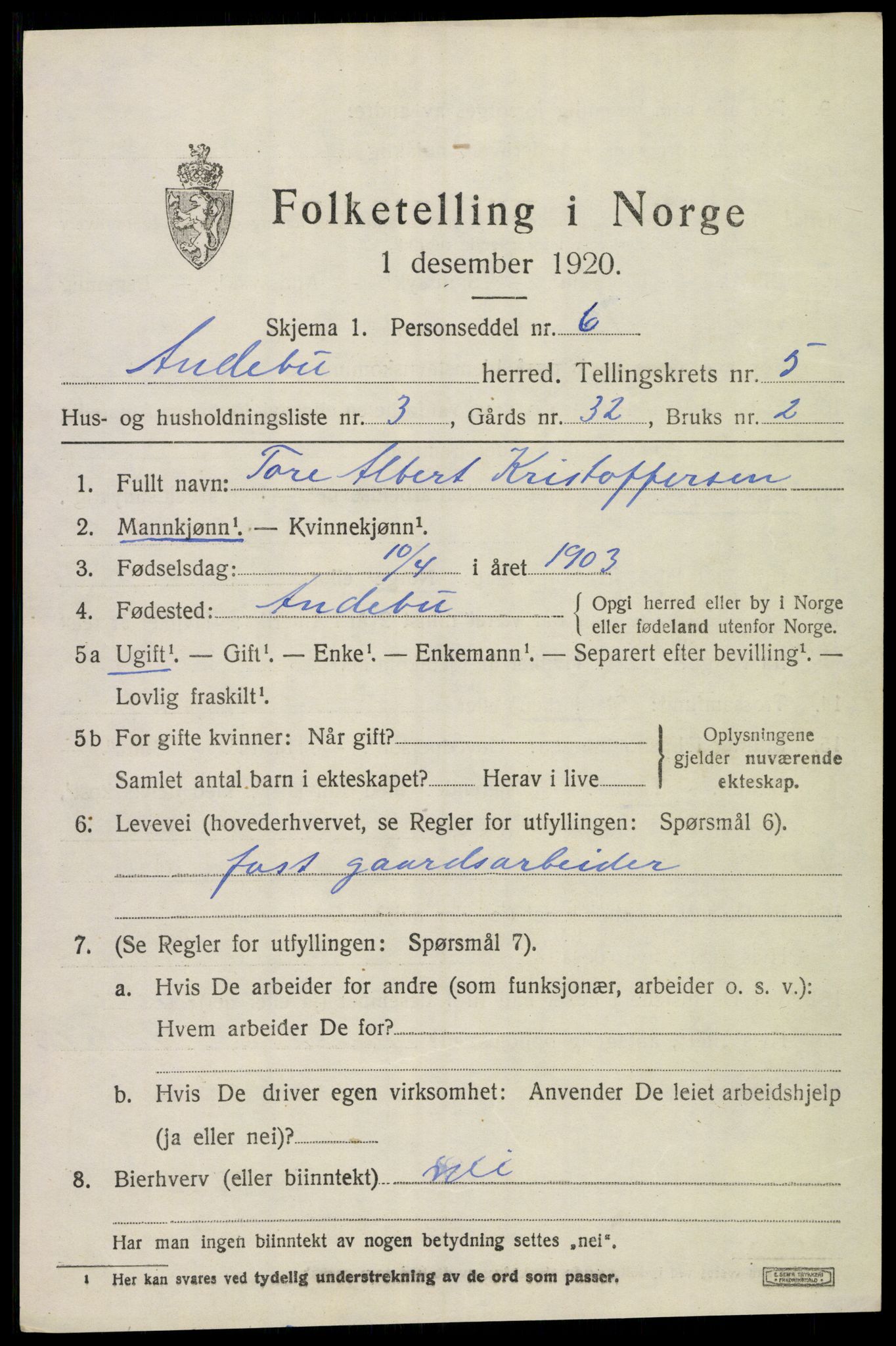 SAKO, 1920 census for Andebu, 1920, p. 2674