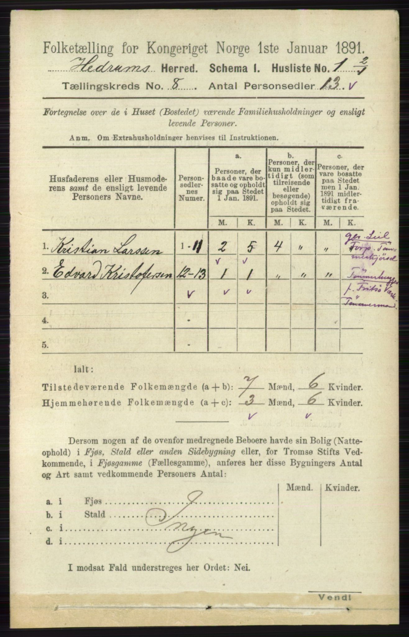 RA, 1891 census for 0727 Hedrum, 1891, p. 3408