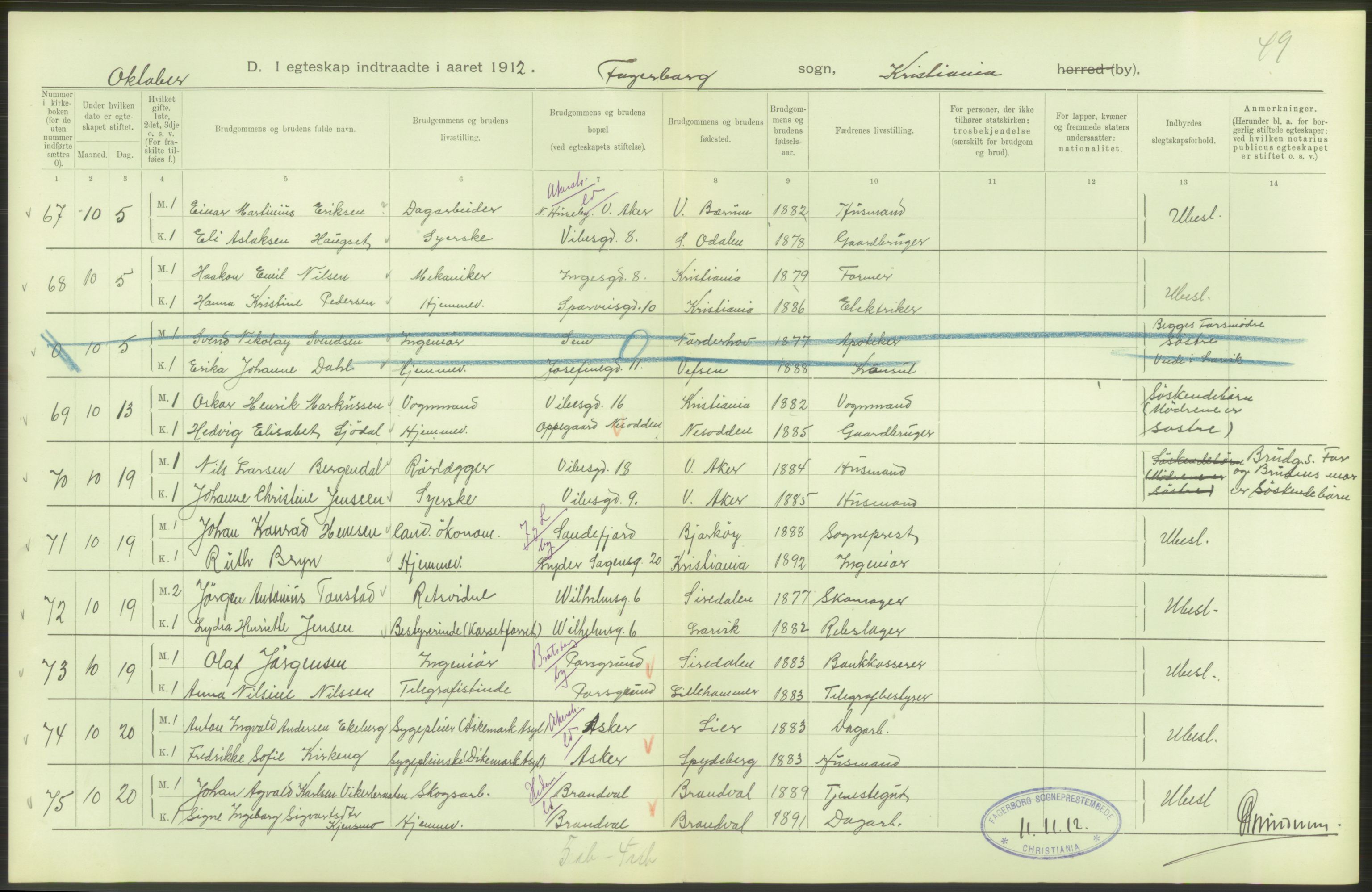 Statistisk sentralbyrå, Sosiodemografiske emner, Befolkning, AV/RA-S-2228/D/Df/Dfb/Dfbb/L0008: Kristiania: Gifte, 1912, p. 250