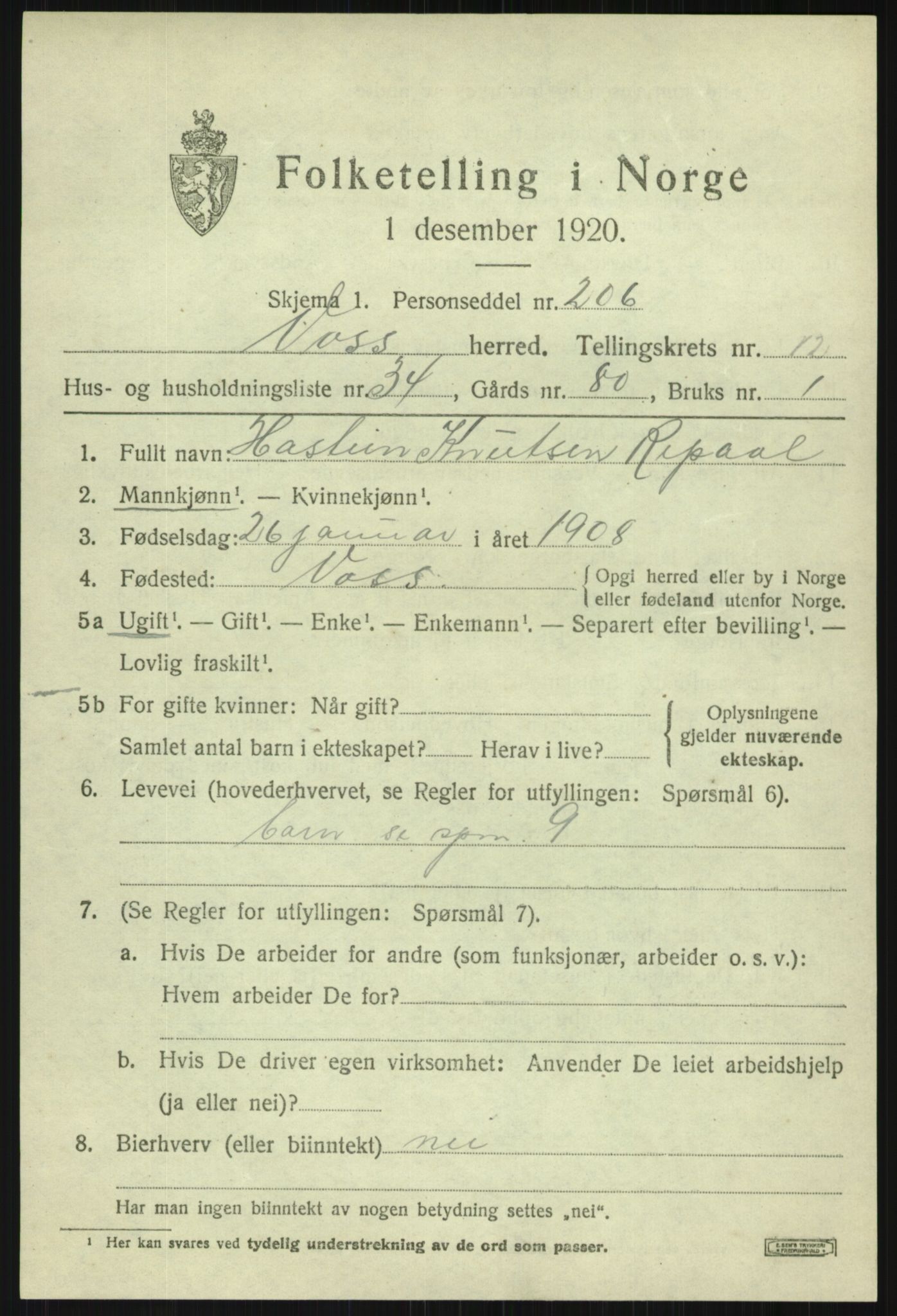 SAB, 1920 census for Voss, 1920, p. 11141