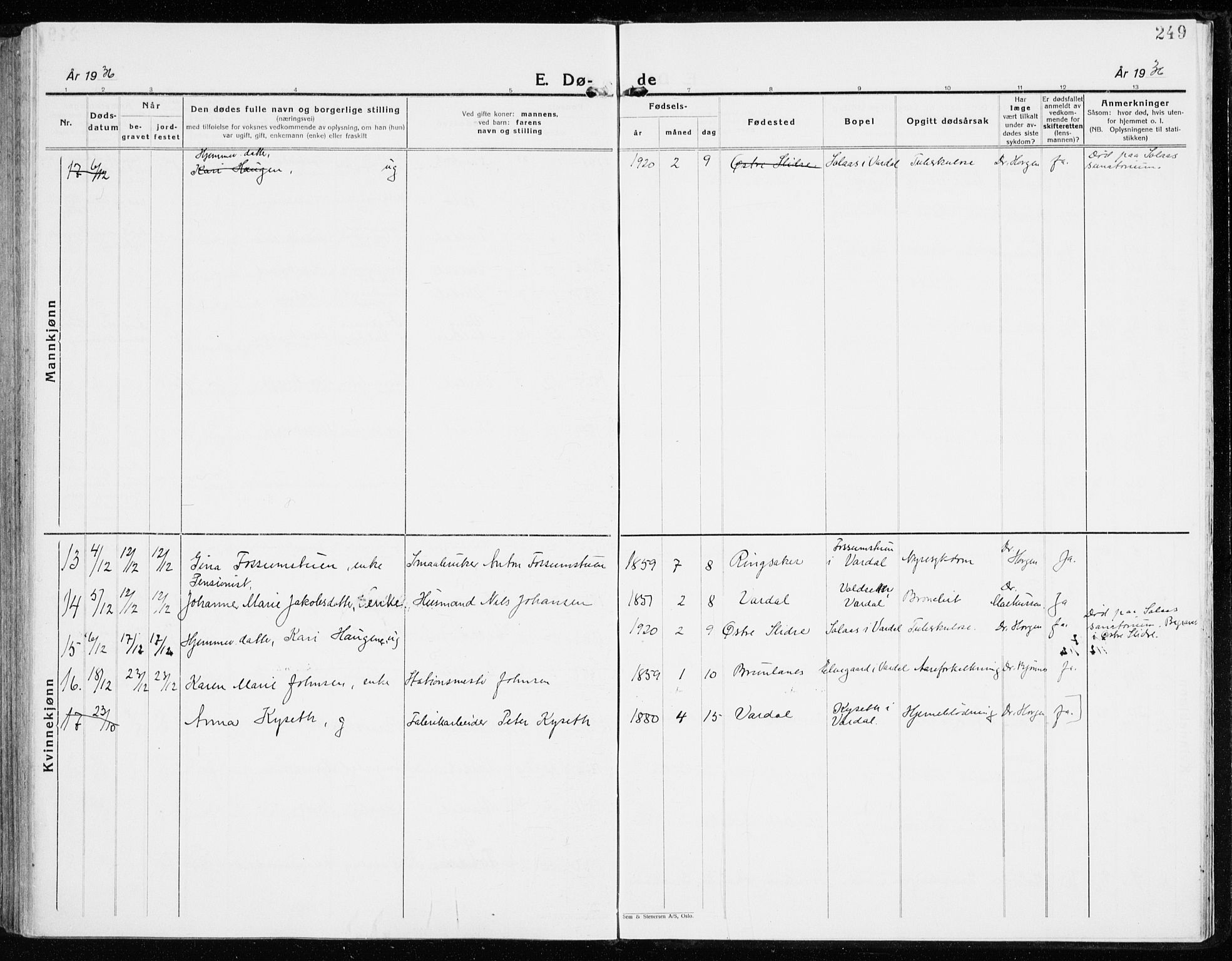 Vardal prestekontor, SAH/PREST-100/H/Ha/Haa/L0018: Parish register (official) no. 18, 1930-1945, p. 249
