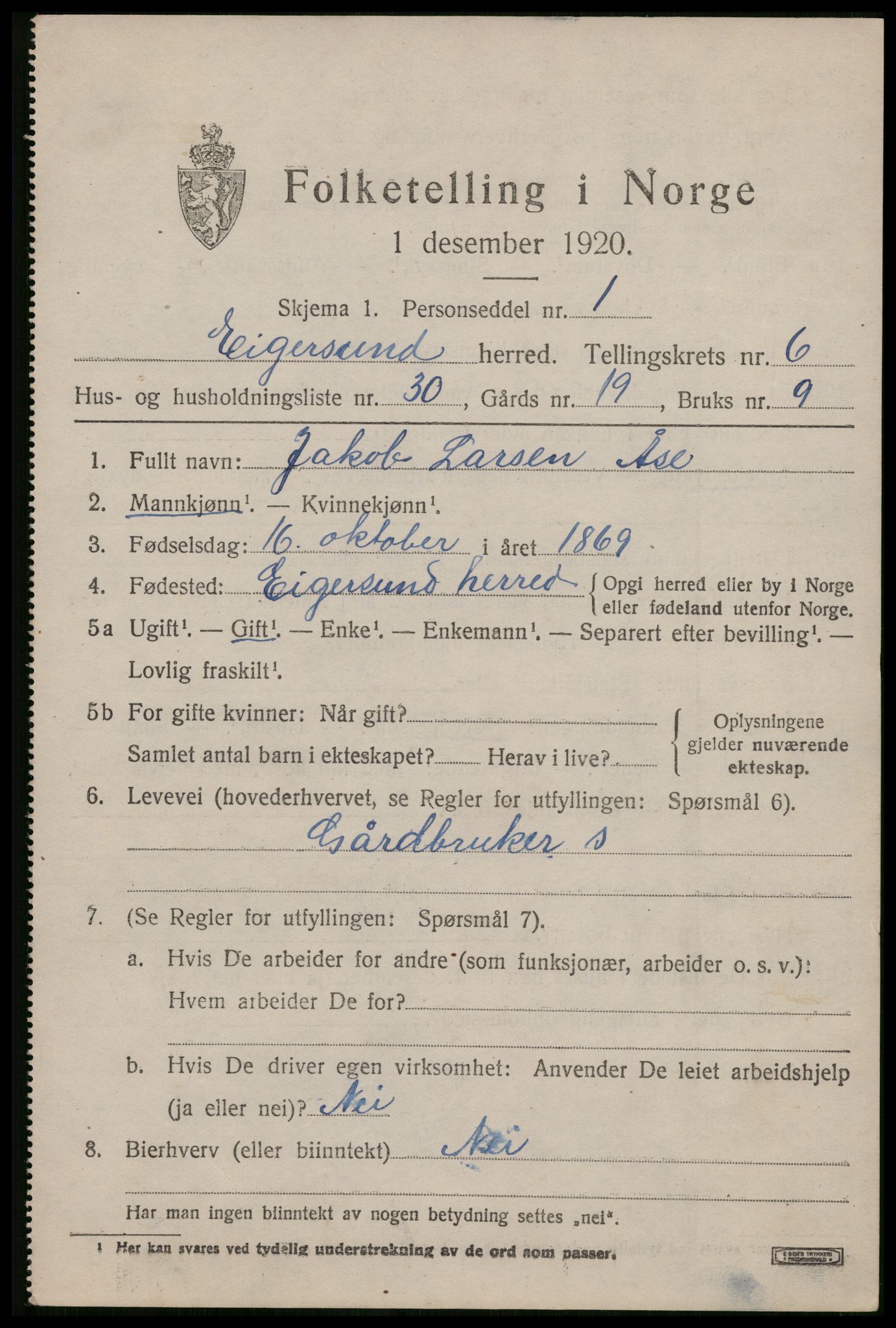 SAST, 1920 census for Eigersund, 1920, p. 4219