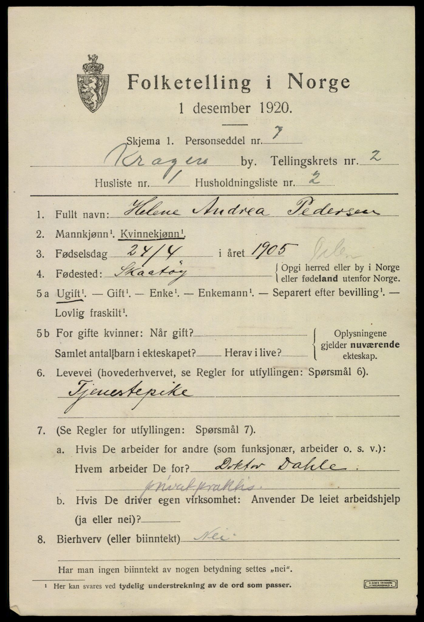 SAKO, 1920 census for Kragerø, 1920, p. 5371