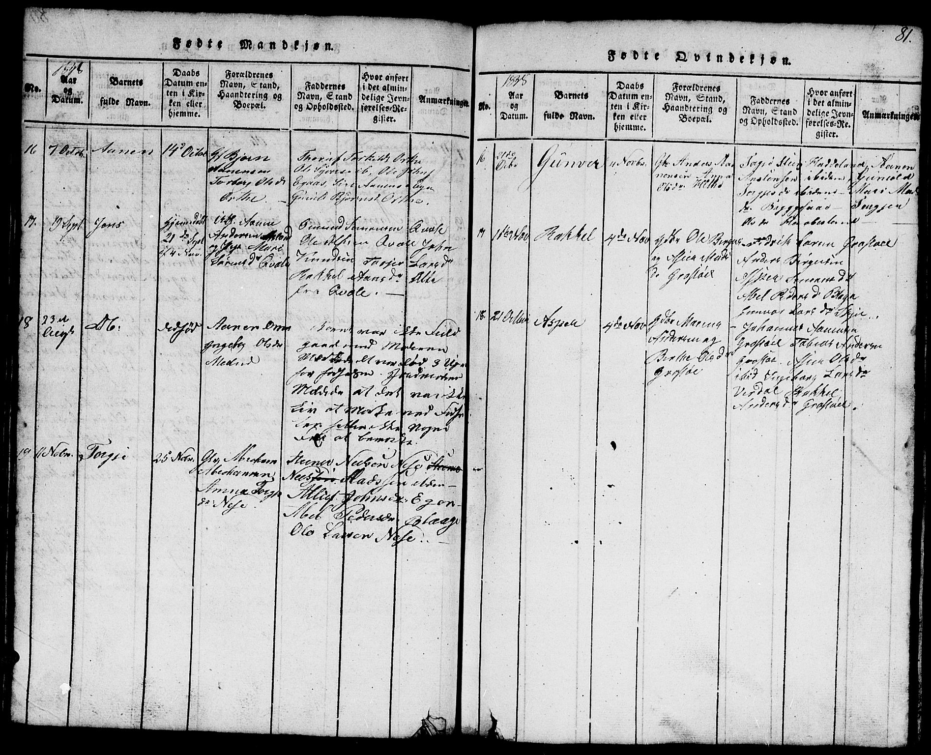 Hægebostad sokneprestkontor, AV/SAK-1111-0024/F/Fb/Fbb/L0001: Parish register (copy) no. B 1, 1816-1850, p. 81