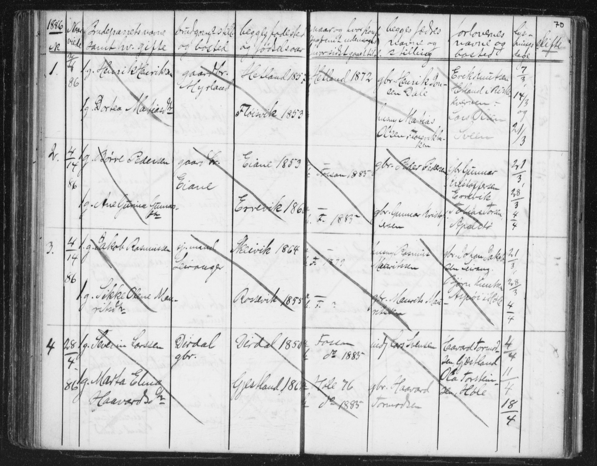 Høgsfjord sokneprestkontor, SAST/A-101624/I/Ie/L0001: Banns register no. 705.BA.1, 1871-1899, p. 70