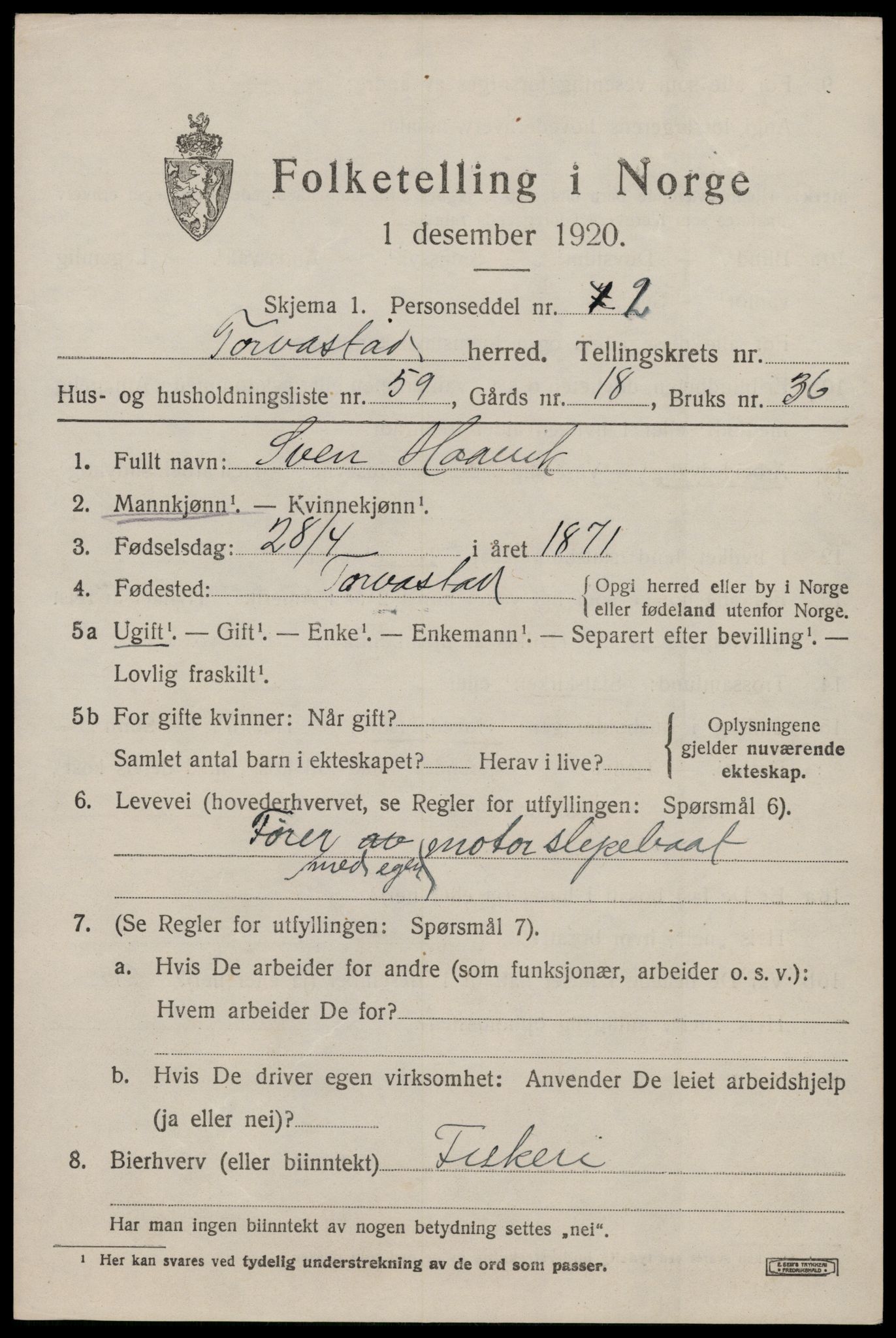 SAST, 1920 census for Torvastad, 1920, p. 3608