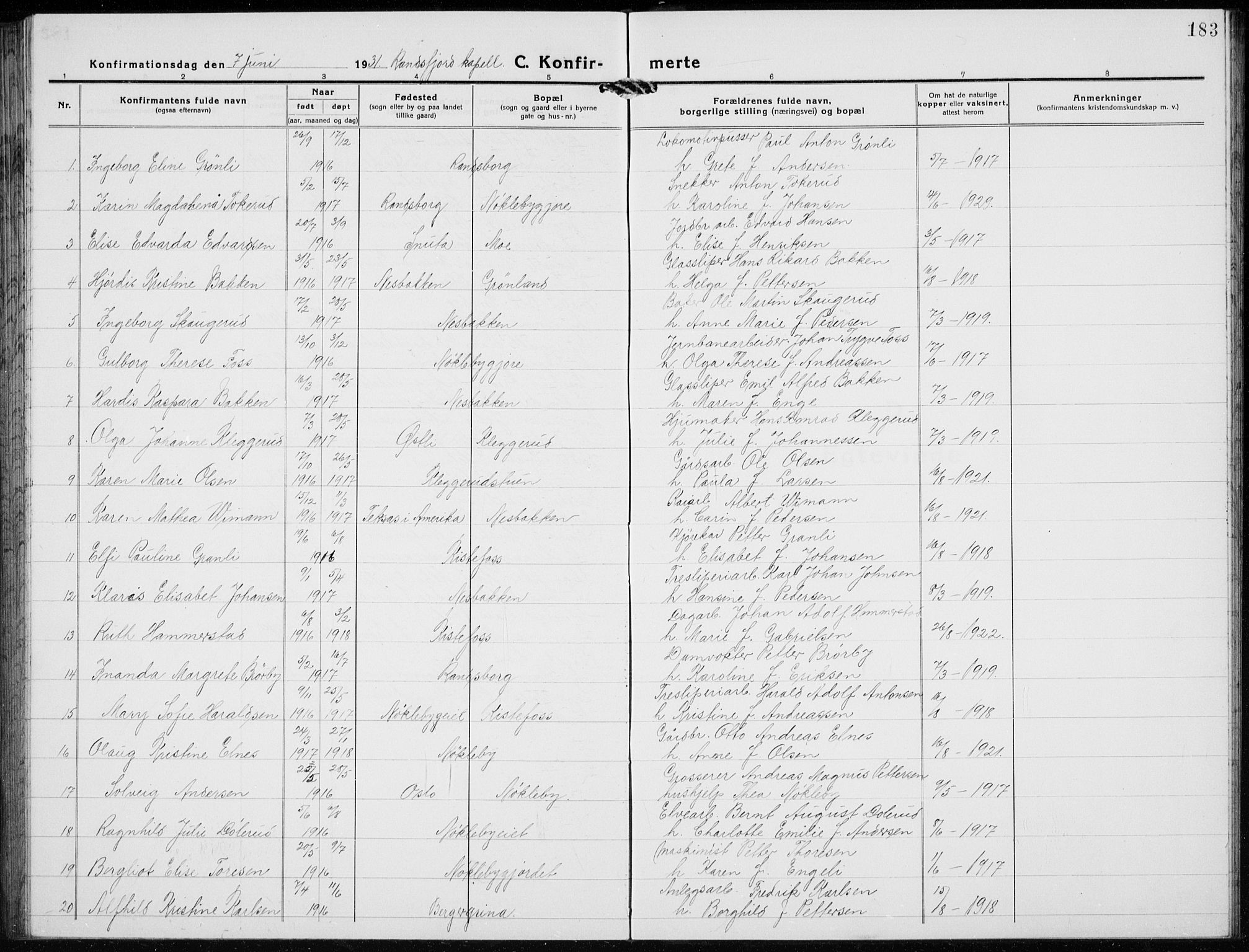 Jevnaker prestekontor, SAH/PREST-116/H/Ha/Hab/L0005: Parish register (copy) no. 5, 1919-1934, p. 183