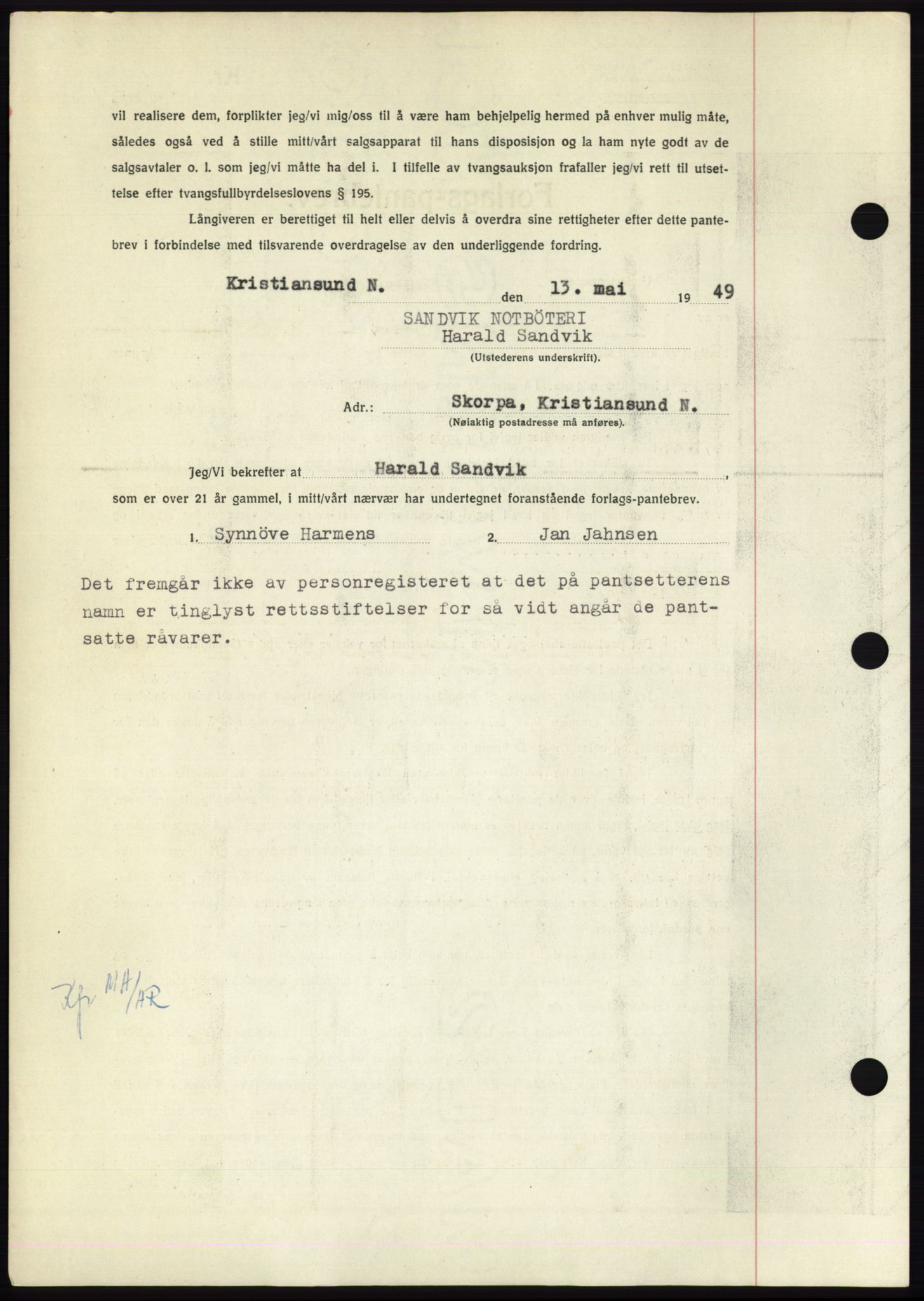 Nordmøre sorenskriveri, AV/SAT-A-4132/1/2/2Ca: Mortgage book no. B102, 1949-1949, Diary no: : 2459/1949