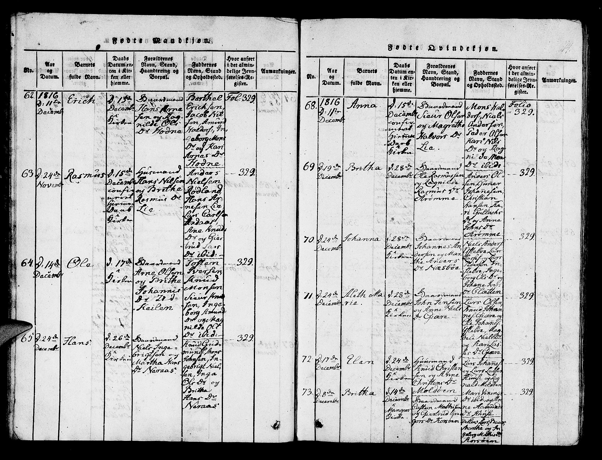 Lindås Sokneprestembete, SAB/A-76701/H/Haa: Parish register (official) no. A 7, 1816-1823, p. 14