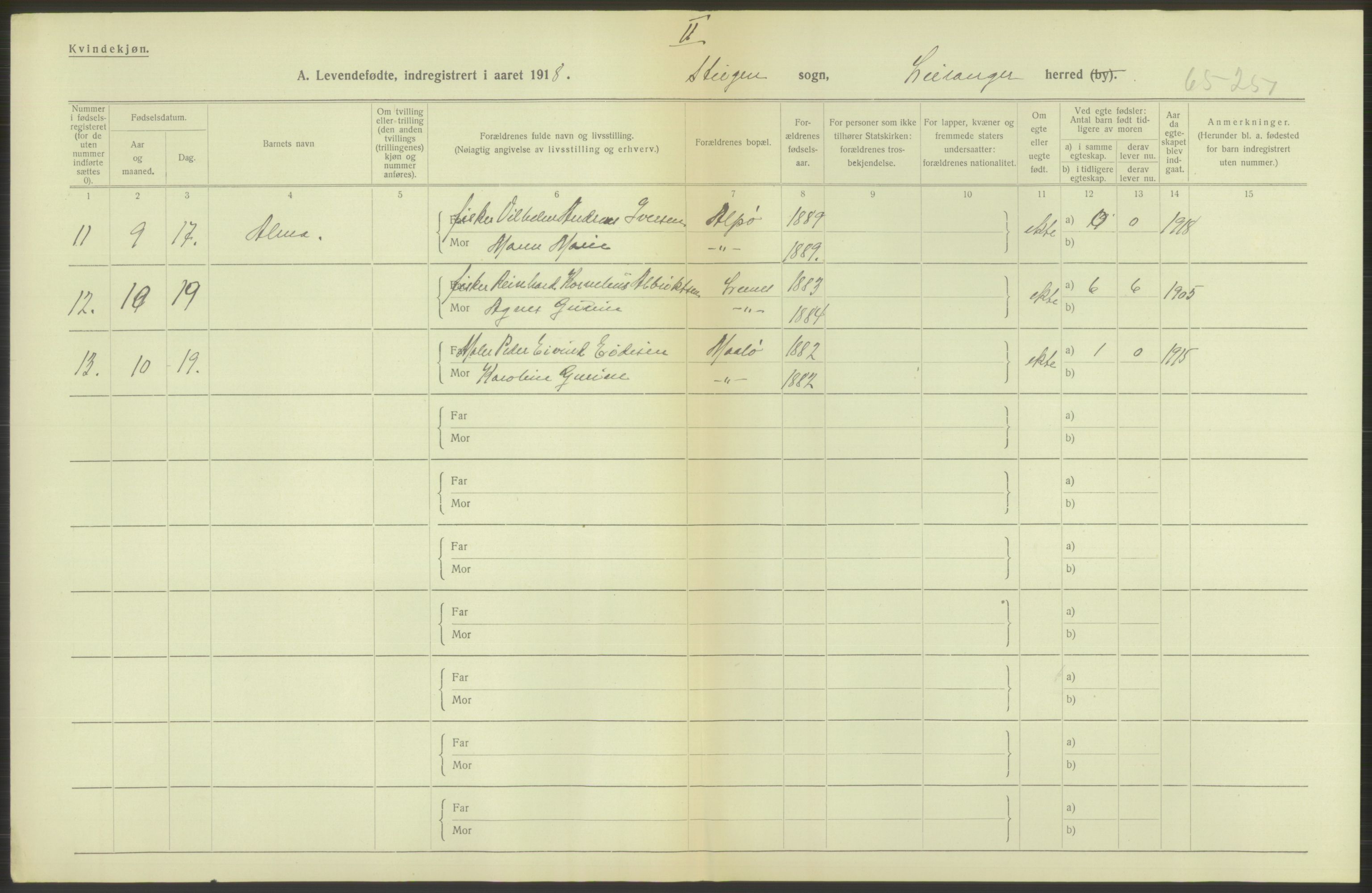 Statistisk sentralbyrå, Sosiodemografiske emner, Befolkning, RA/S-2228/D/Df/Dfb/Dfbh/L0052: Nordland fylke: Levendefødte menn og kvinner. Bygder., 1918, p. 294