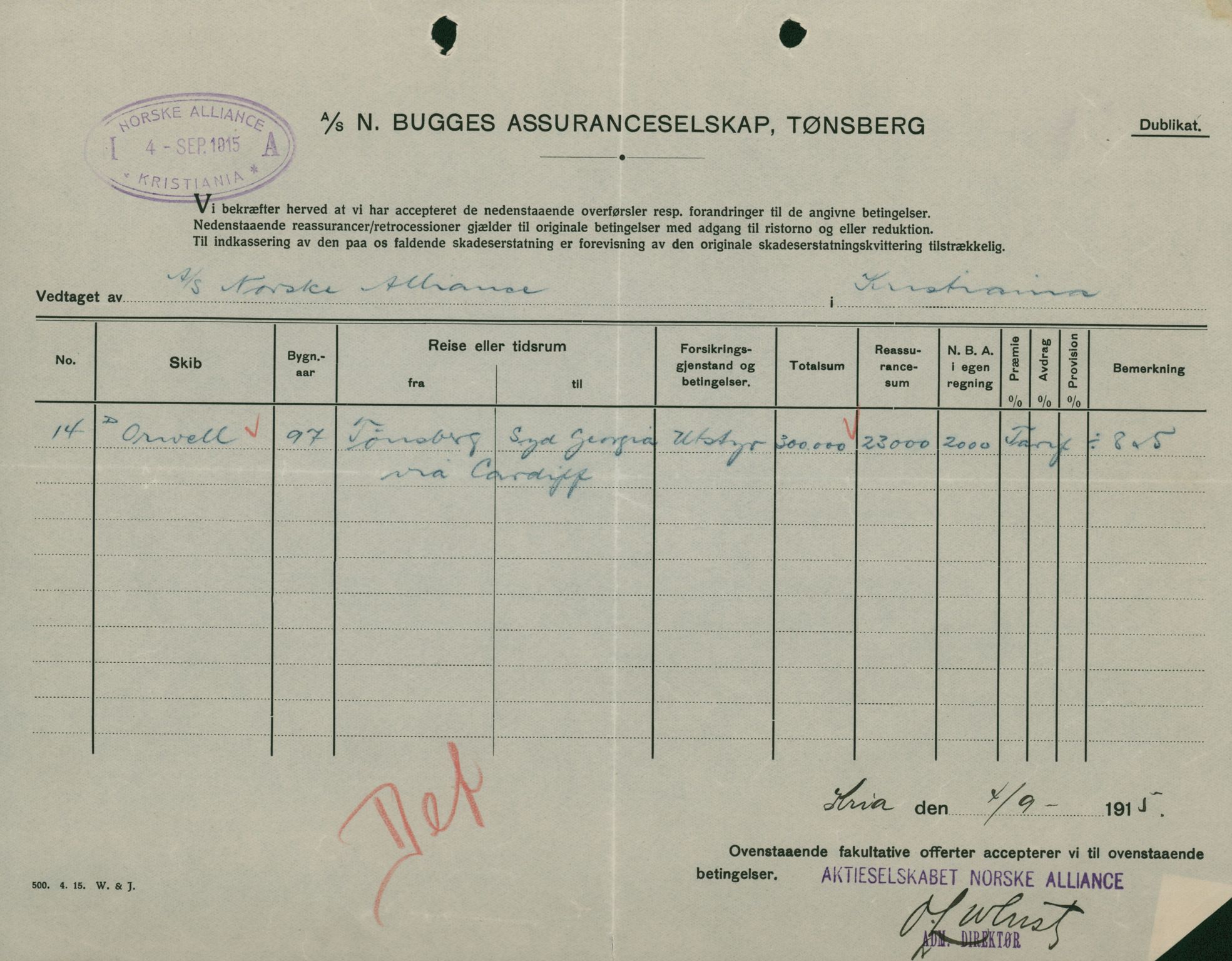 Pa 664 - Tønsberg Sjøforsikringsselskap, VEMU/A-1773/F/L0001: Forsikringspoliser, 1915-1918