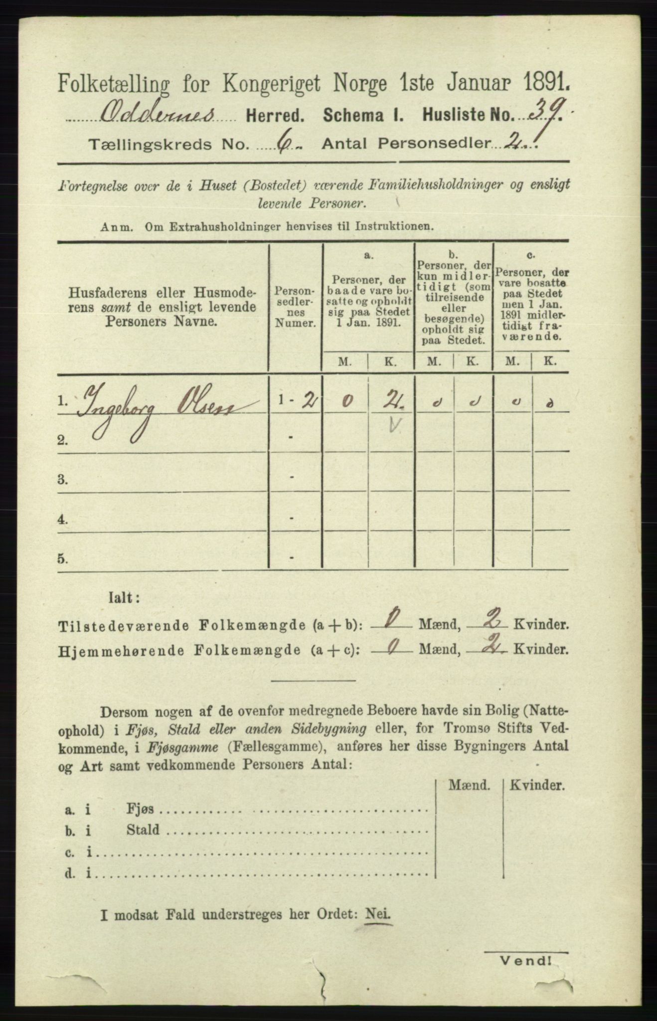 RA, 1891 census for 1012 Oddernes, 1891, p. 2188