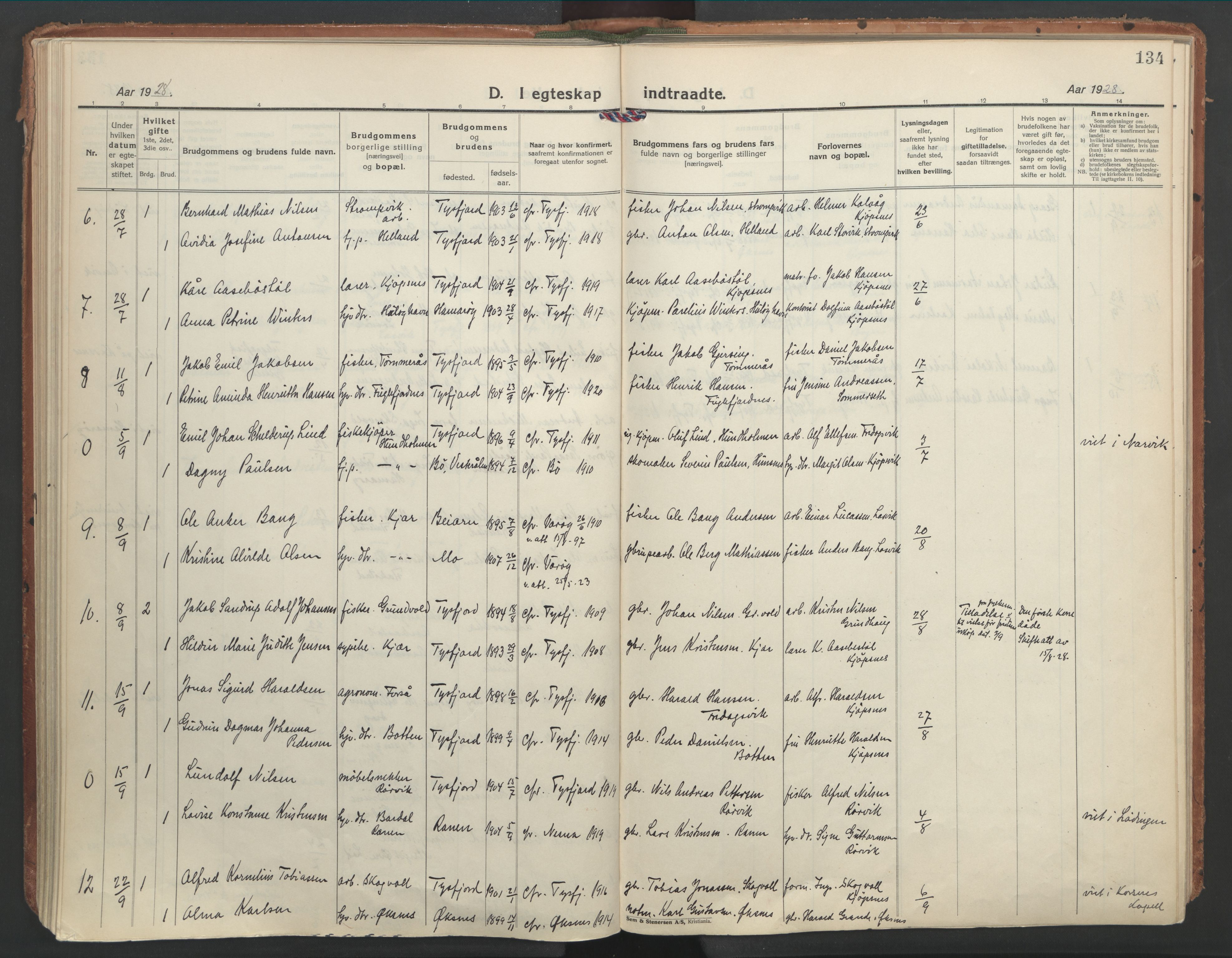 Ministerialprotokoller, klokkerbøker og fødselsregistre - Nordland, AV/SAT-A-1459/861/L0873: Parish register (official) no. 861A08, 1923-1932, p. 134