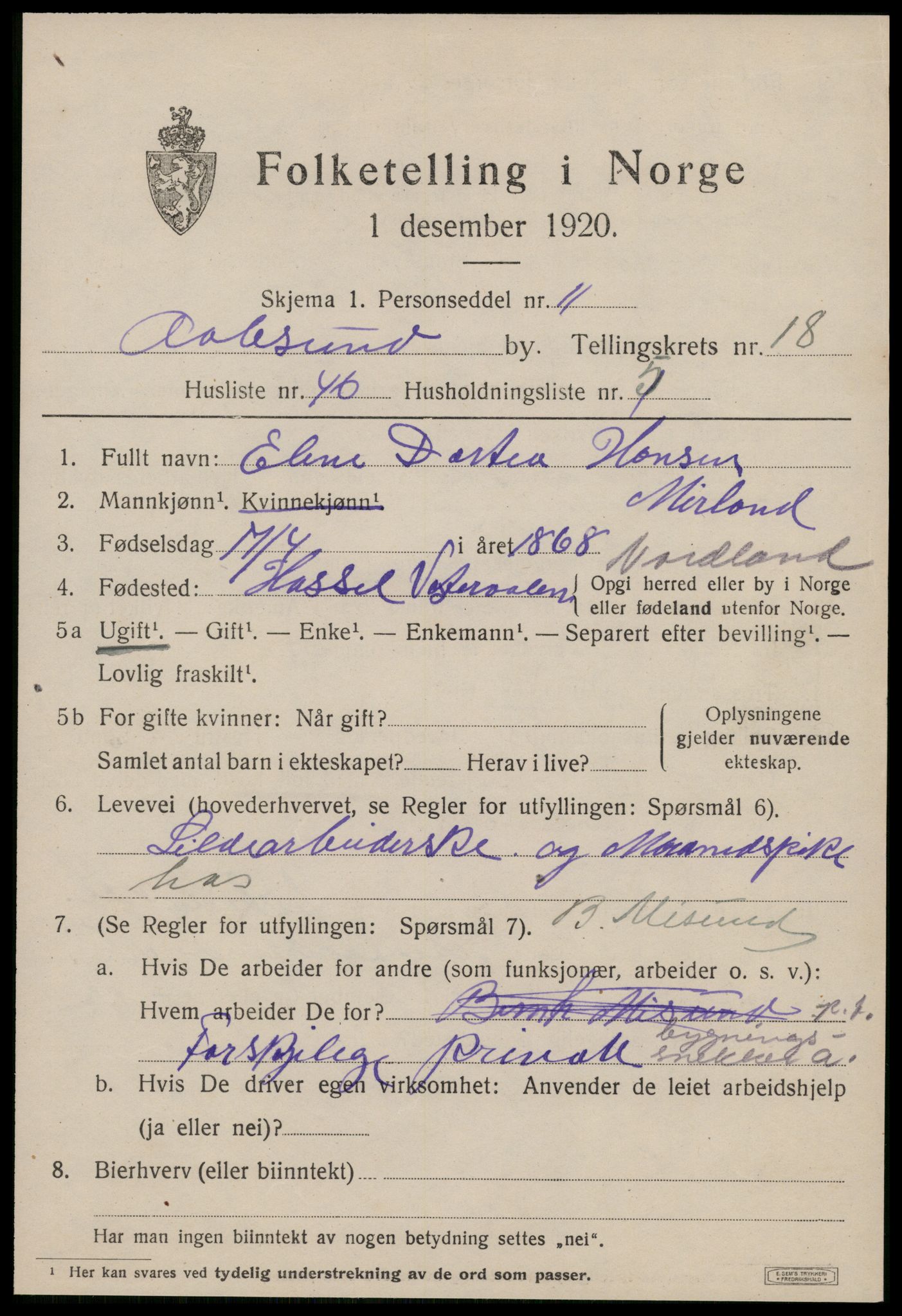 SAT, 1920 census for Ålesund, 1920, p. 35614
