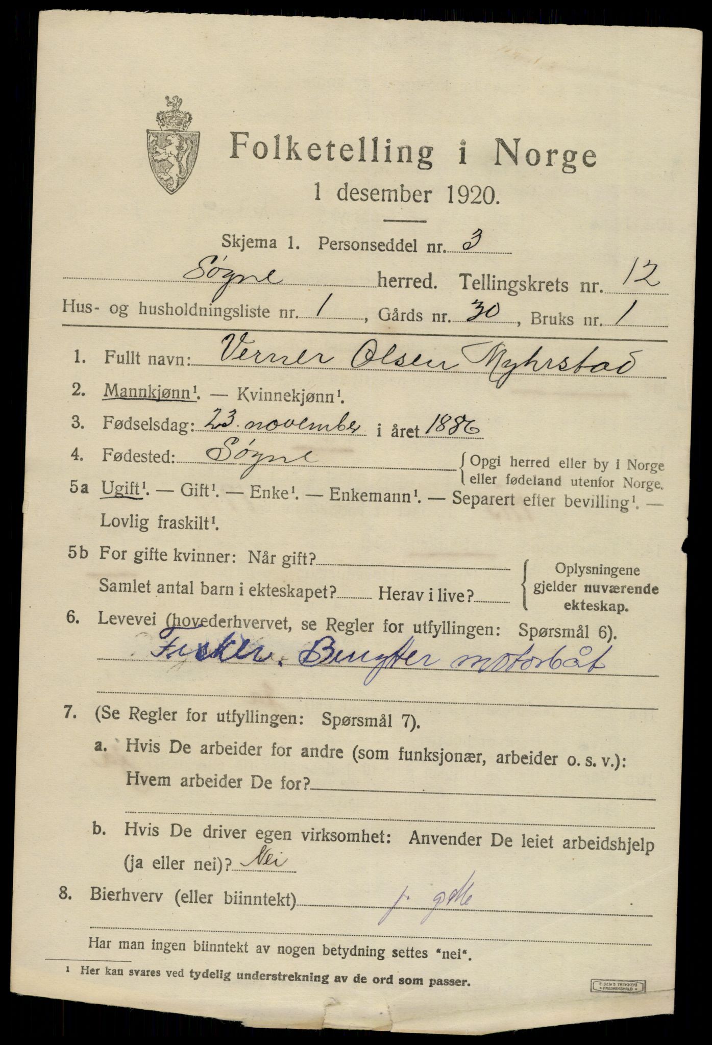 SAK, 1920 census for Søgne, 1920, p. 5929