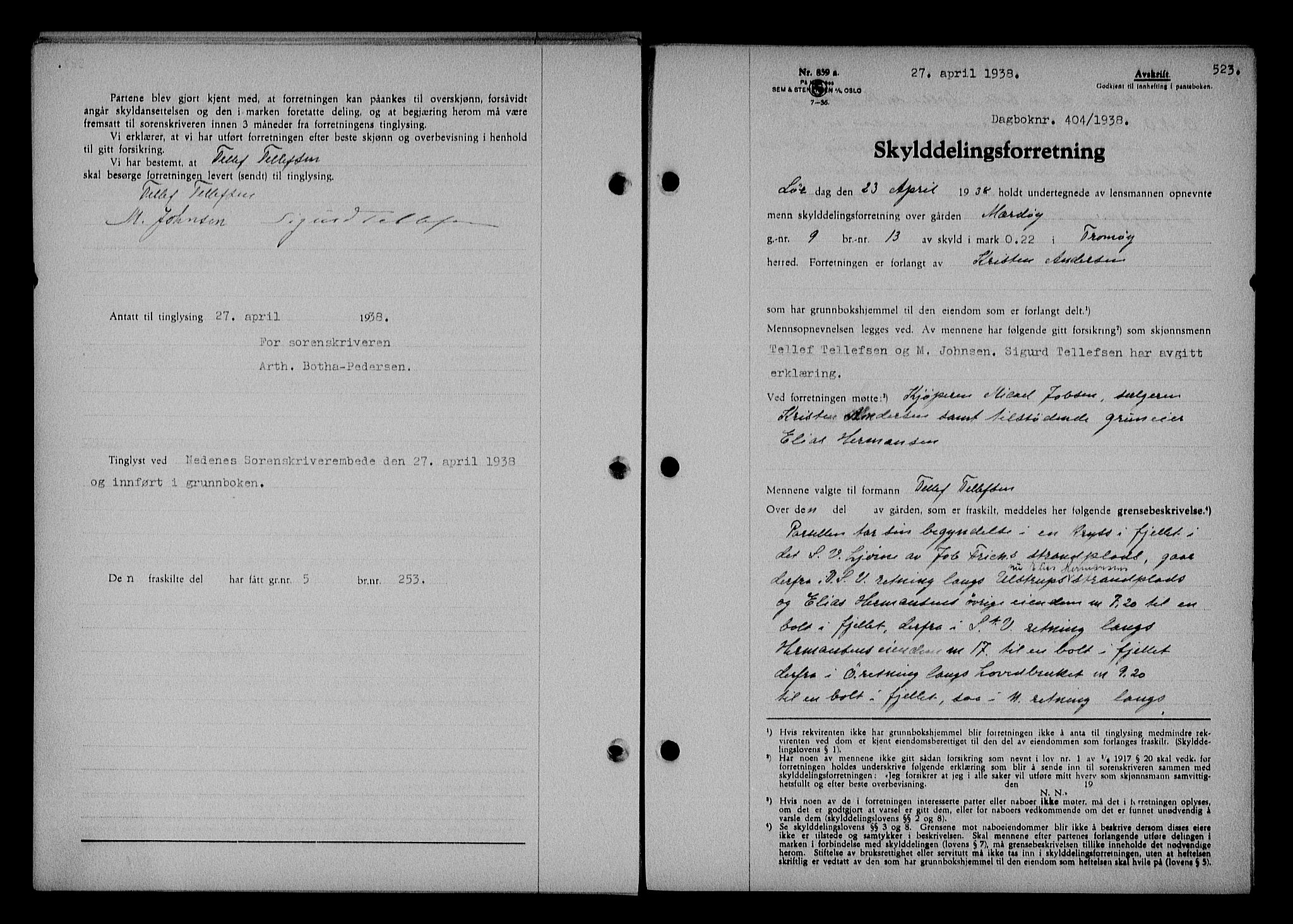 Nedenes sorenskriveri, SAK/1221-0006/G/Gb/Gba/L0044: Mortgage book no. 40, 1937-1938, Diary no: : 404/1938