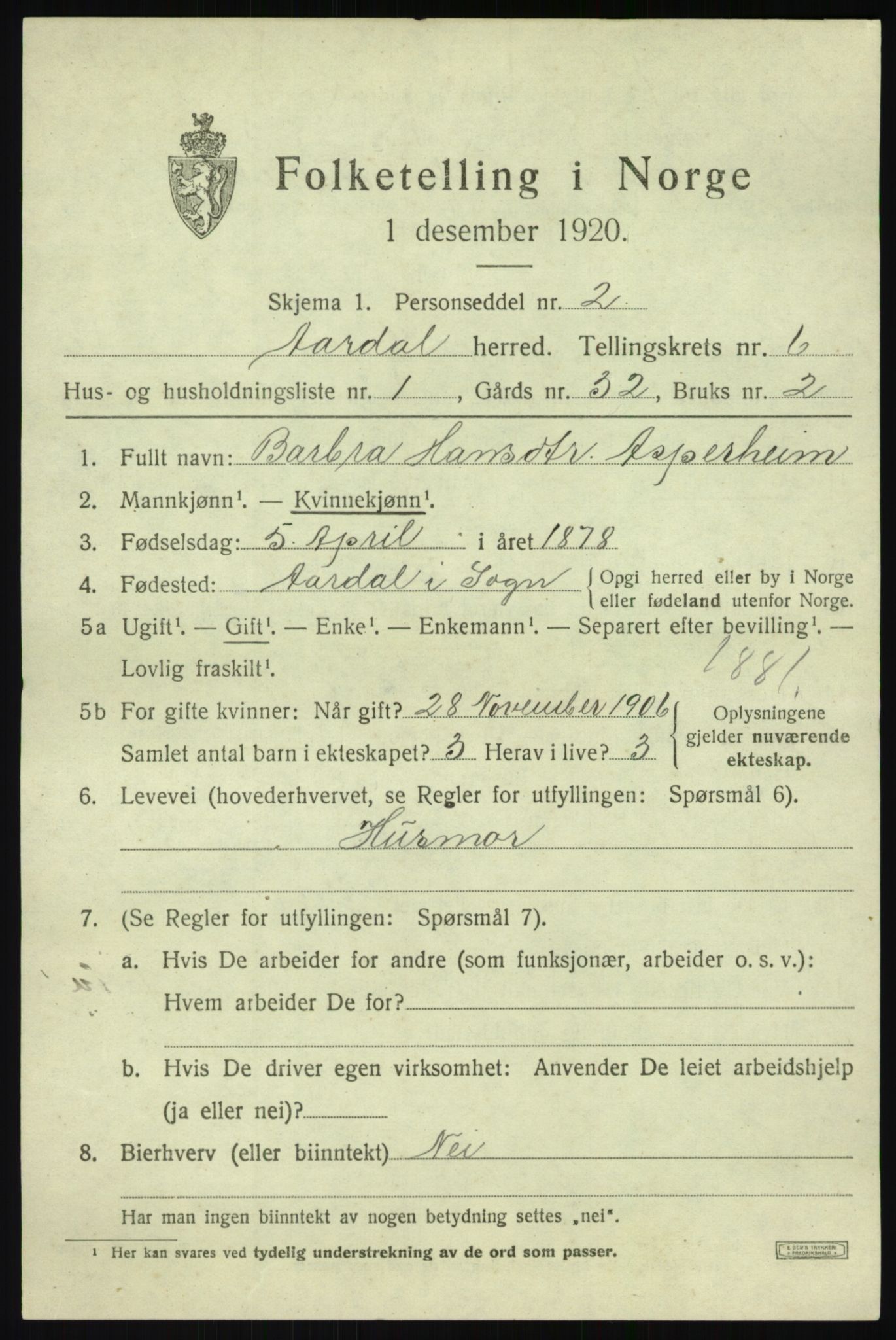 SAB, 1920 census for Årdal, 1920, p. 2981