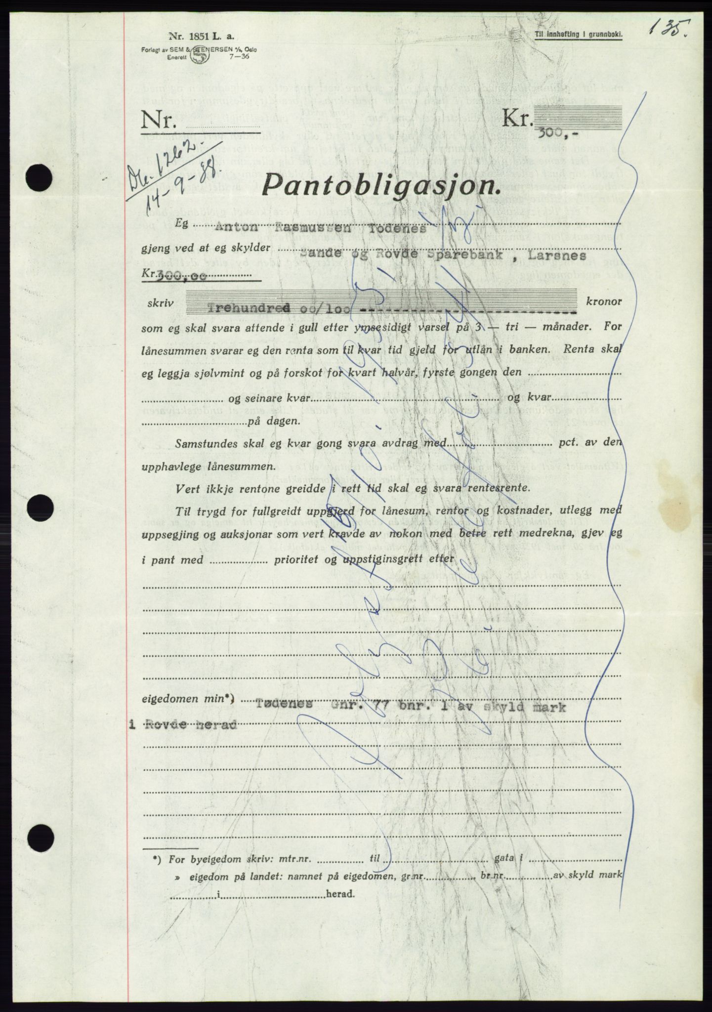 Søre Sunnmøre sorenskriveri, AV/SAT-A-4122/1/2/2C/L0066: Mortgage book no. 60, 1938-1938, Diary no: : 1262/1938