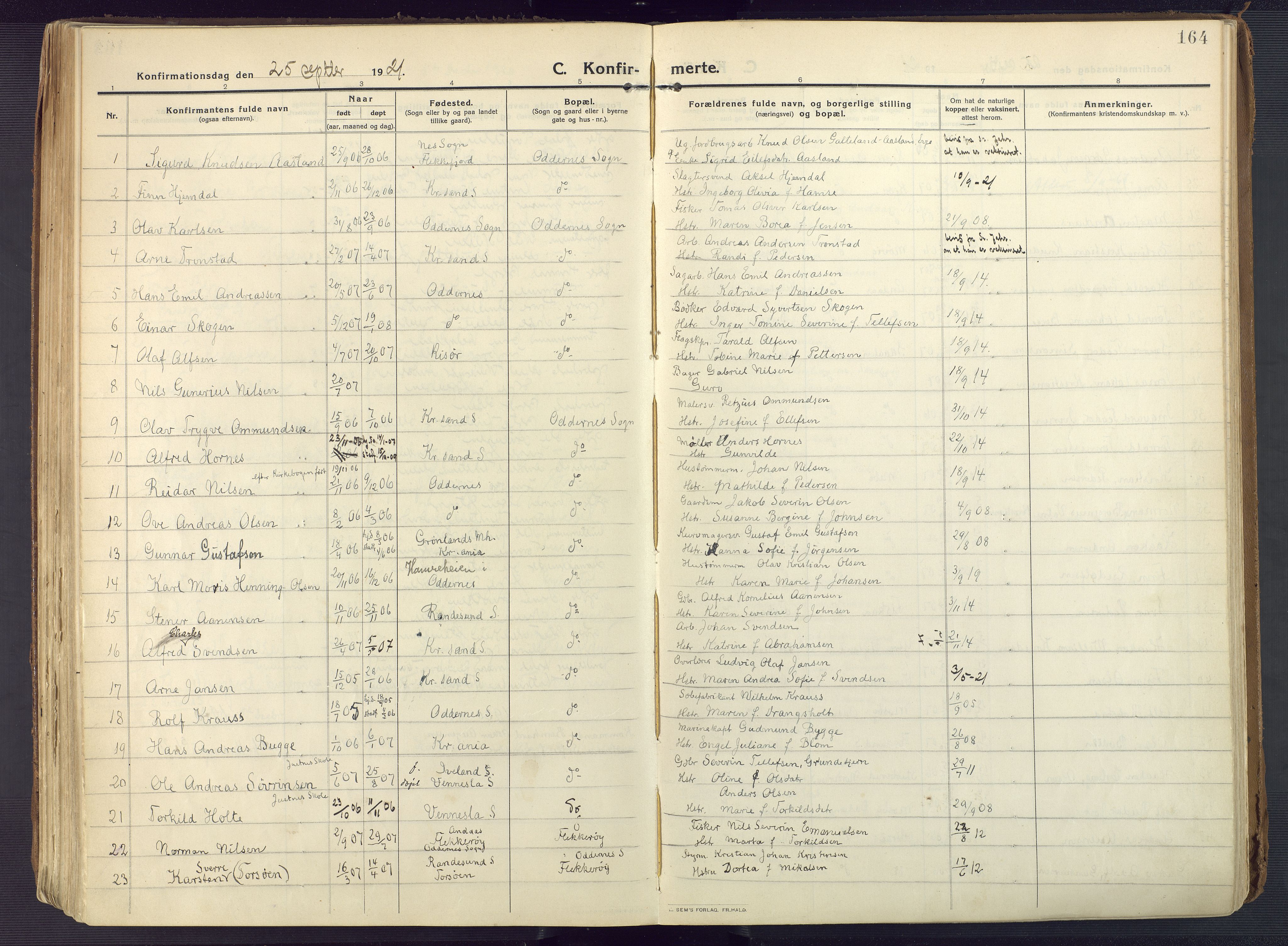 Oddernes sokneprestkontor, AV/SAK-1111-0033/F/Fa/Faa/L0012: Parish register (official) no. A 12, 1912-1925, p. 164