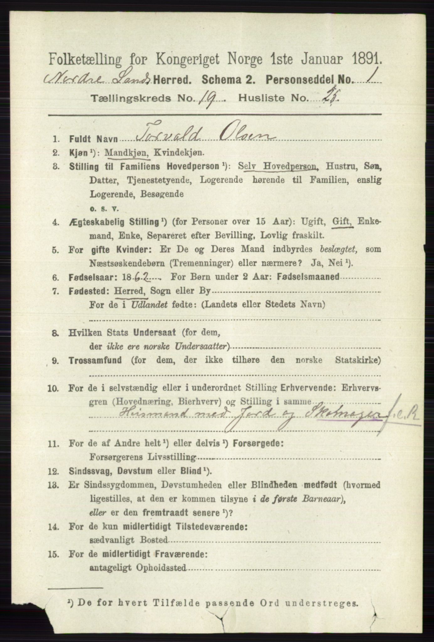 RA, 1891 census for 0538 Nordre Land, 1891, p. 4806