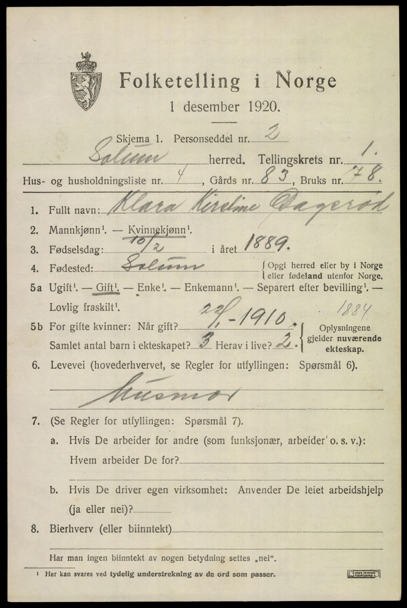 SAKO, 1920 census for Solum, 1920, p. 2286