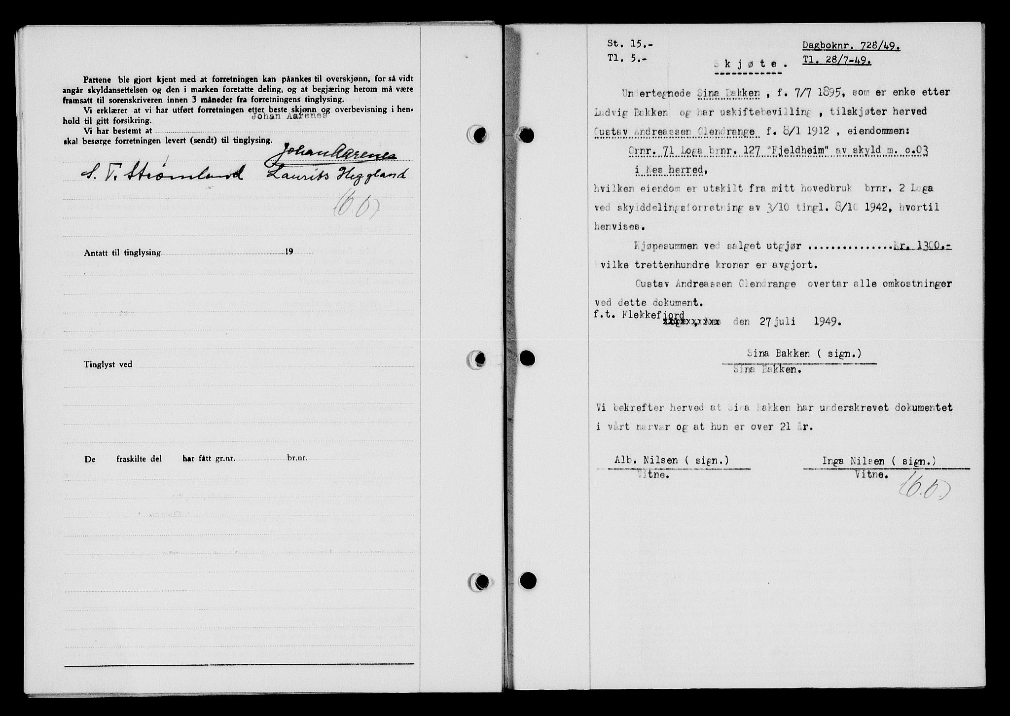 Flekkefjord sorenskriveri, SAK/1221-0001/G/Gb/Gba/L0065: Mortgage book no. A-13, 1949-1949, Diary no: : 728/1949