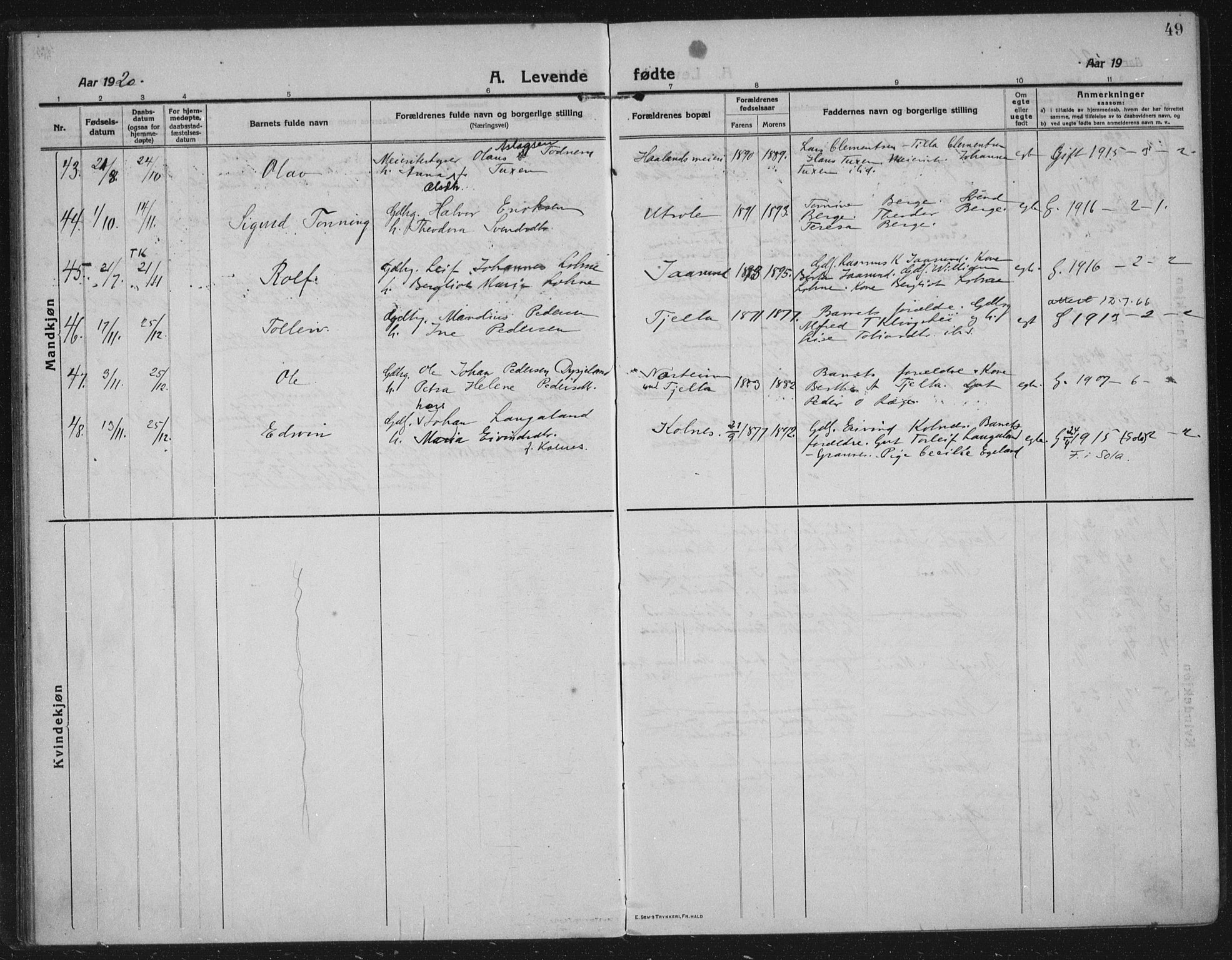 Håland sokneprestkontor, AV/SAST-A-101802/002/C/L0001: Parish register (official) no. A 14, 1913-1927, p. 49