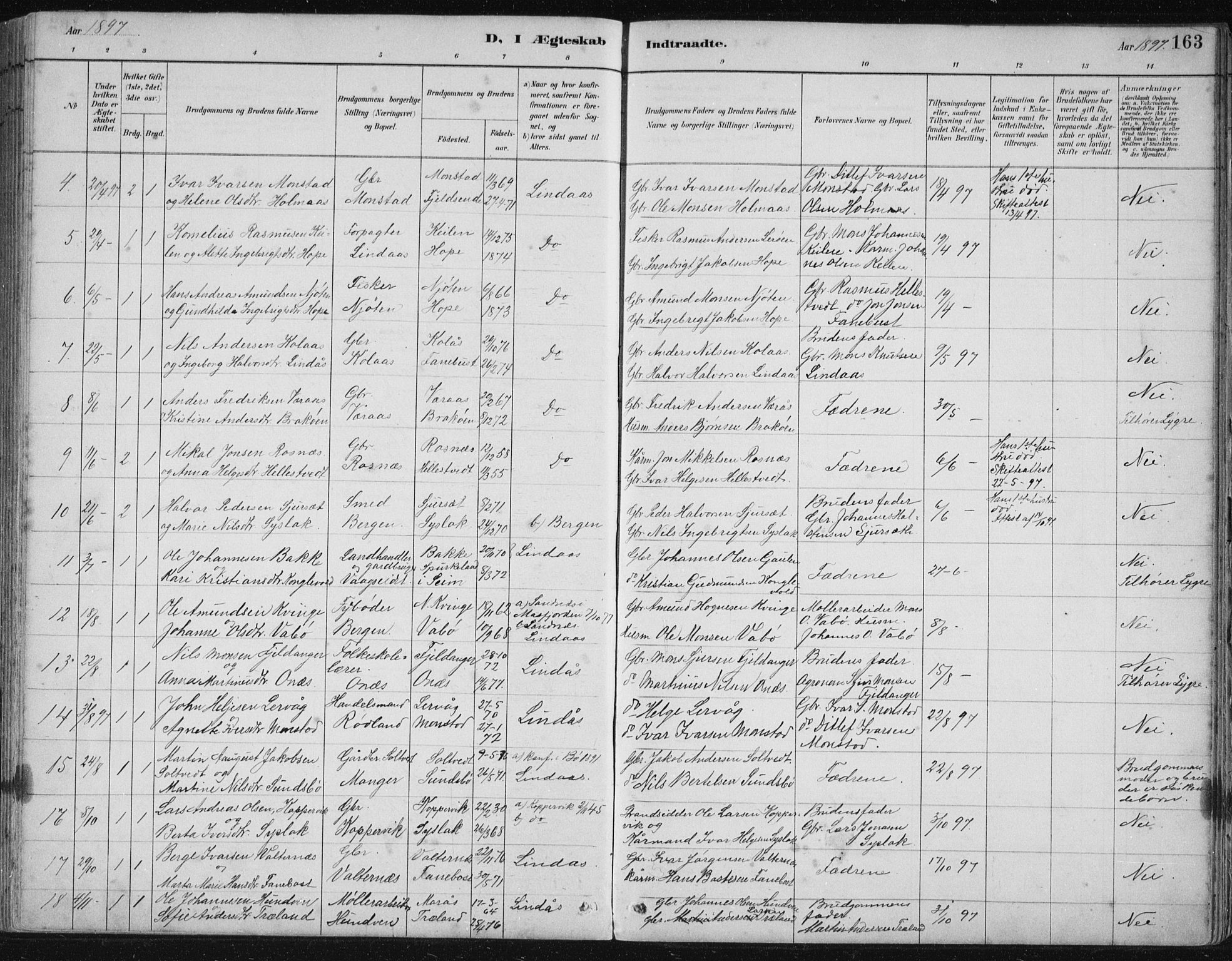 Lindås Sokneprestembete, SAB/A-76701/H/Hab: Parish register (copy) no. B 3, 1886-1914, p. 163