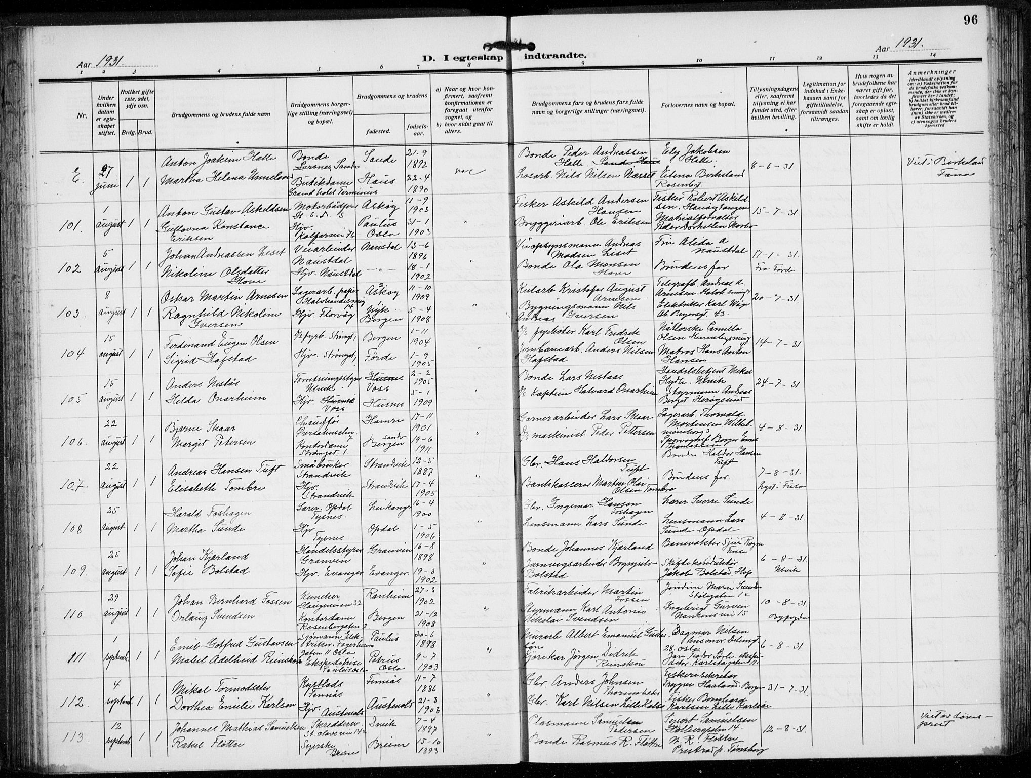 Domkirken sokneprestembete, AV/SAB-A-74801/H/Hab/L0034: Parish register (copy) no. D 6, 1924-1941, p. 96