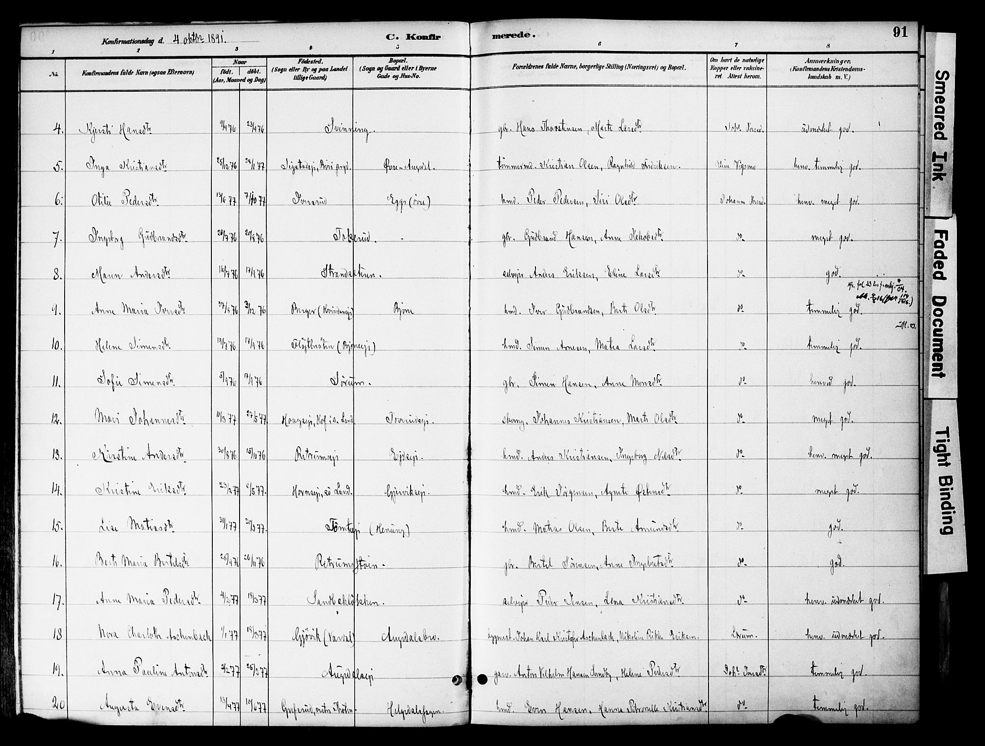 Gran prestekontor, SAH/PREST-112/H/Ha/Haa/L0020: Parish register (official) no. 20, 1889-1899, p. 91