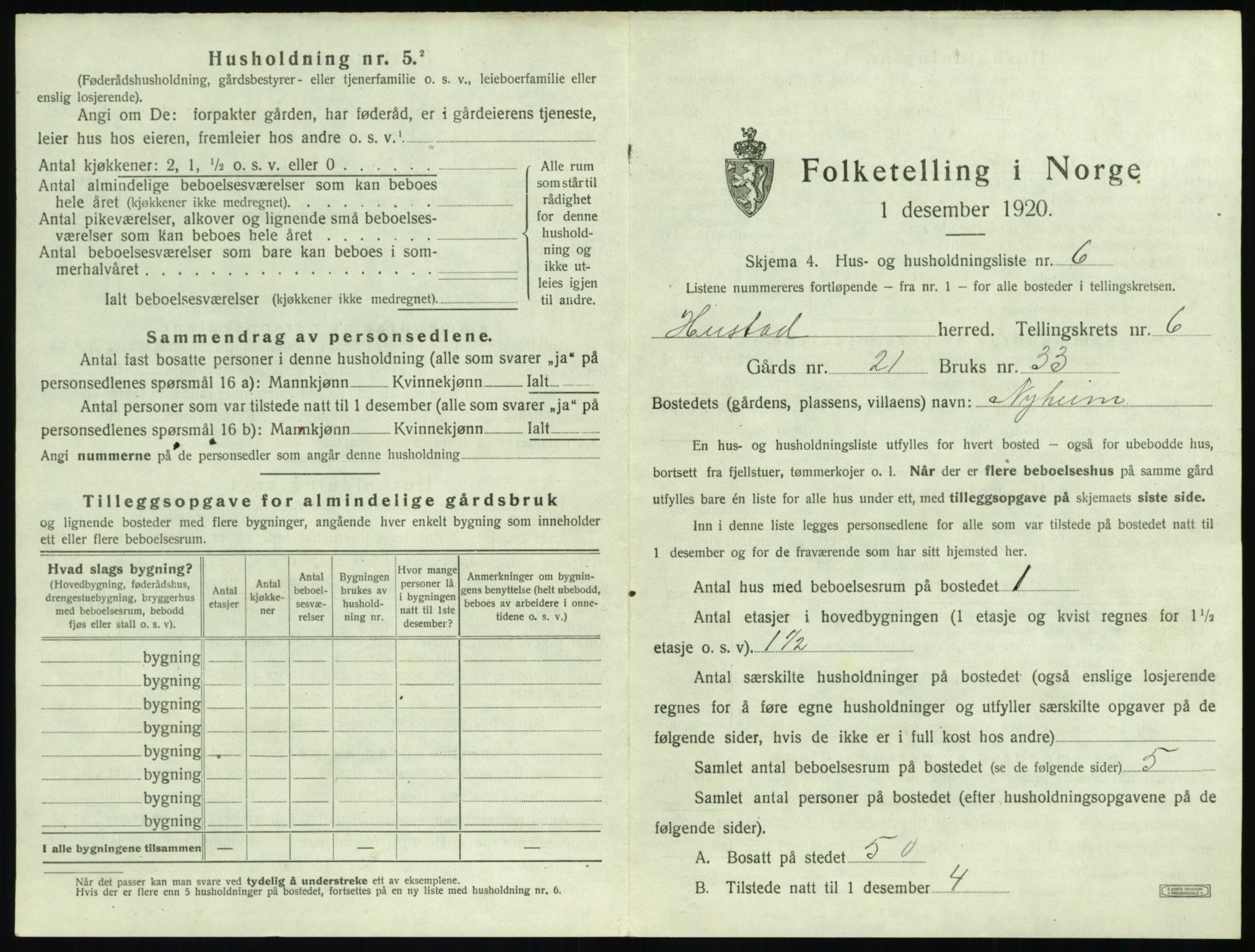 SAT, 1920 census for Hustad, 1920, p. 617