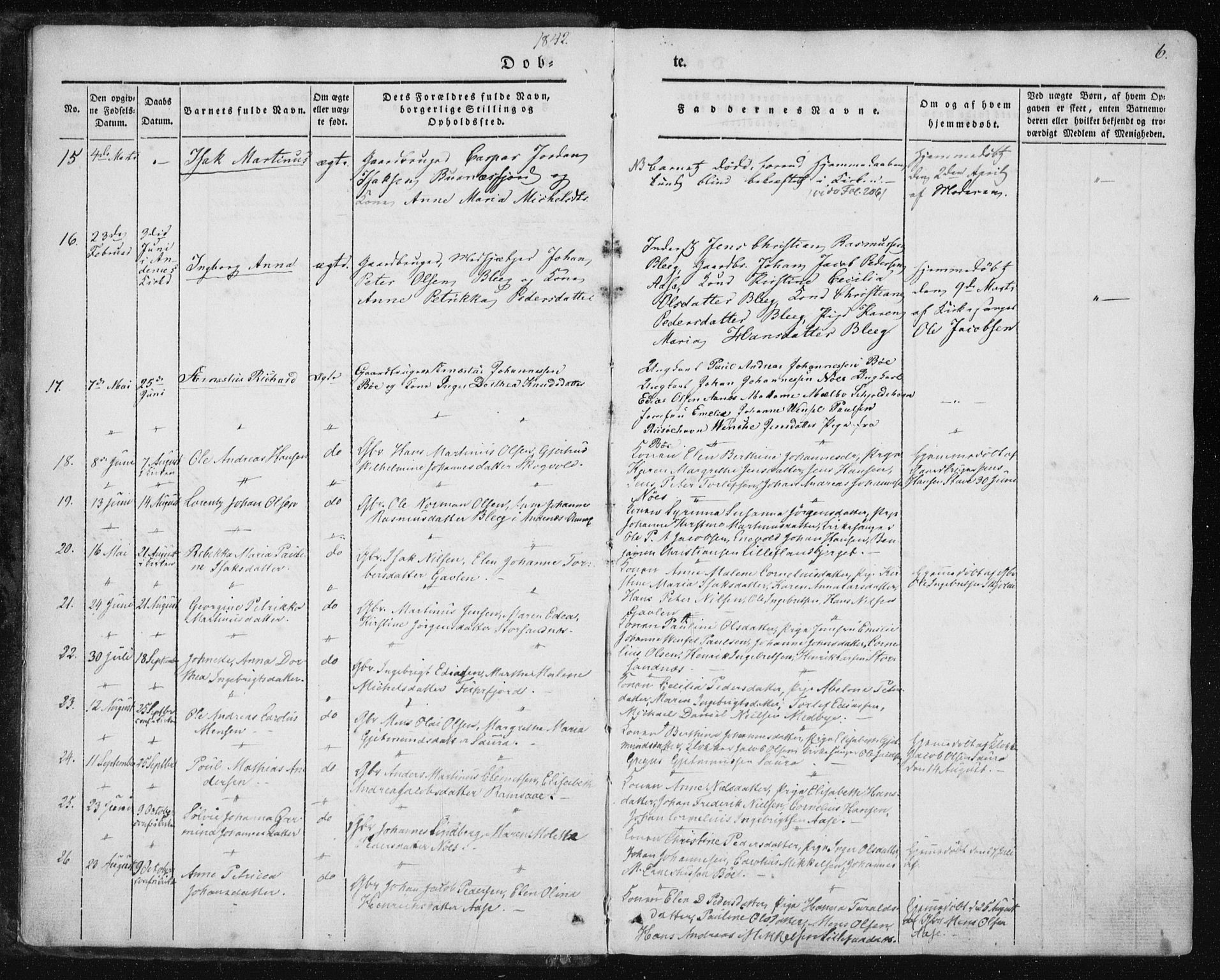 Ministerialprotokoller, klokkerbøker og fødselsregistre - Nordland, SAT/A-1459/897/L1396: Parish register (official) no. 897A04, 1842-1866, p. 6
