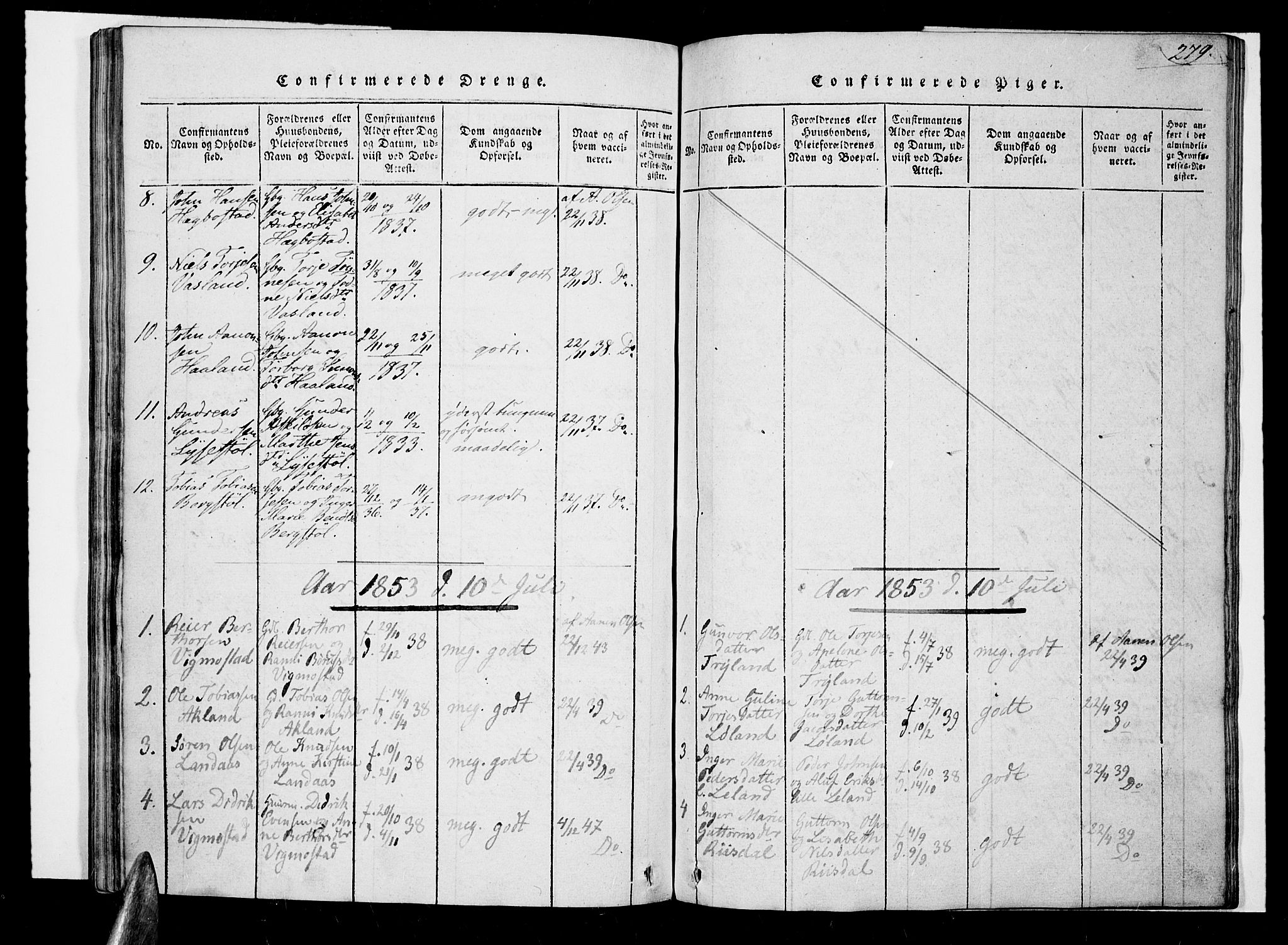 Nord-Audnedal sokneprestkontor, SAK/1111-0032/F/Fa/Fab/L0001: Parish register (official) no. A 1, 1816-1858, p. 279