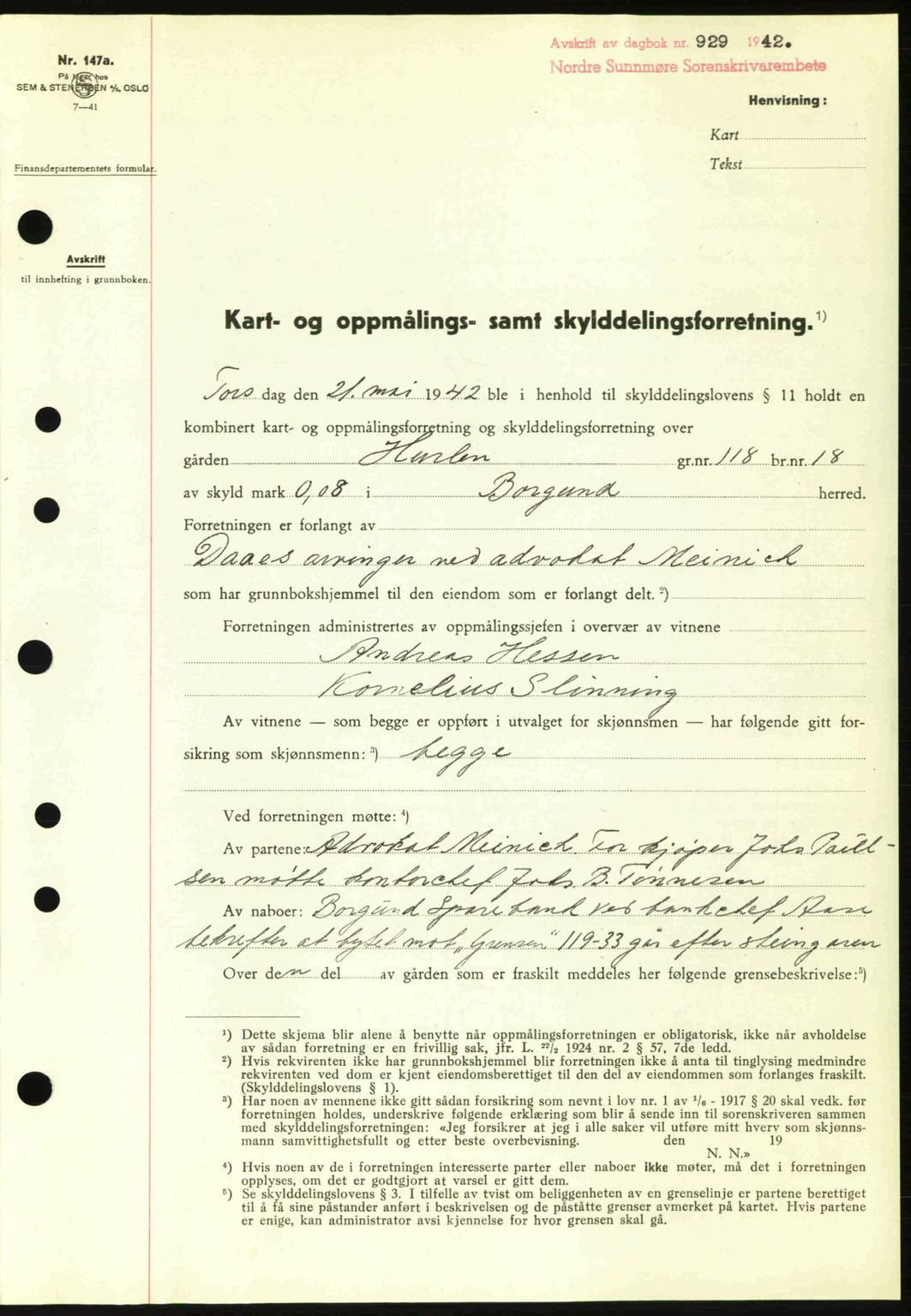 Nordre Sunnmøre sorenskriveri, AV/SAT-A-0006/1/2/2C/2Ca: Mortgage book no. A13, 1942-1942, Diary no: : 929/1942