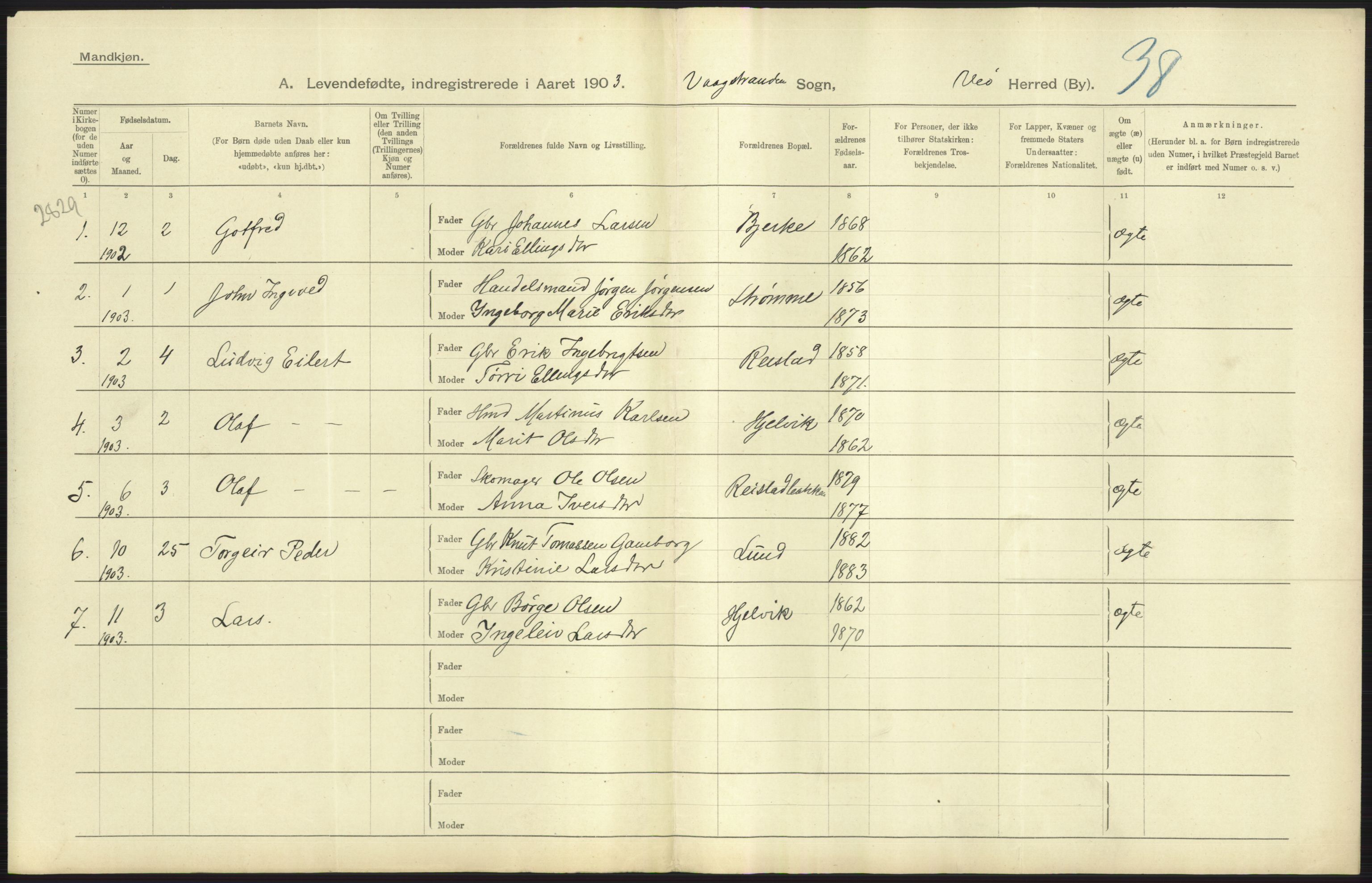 Statistisk sentralbyrå, Sosiodemografiske emner, Befolkning, AV/RA-S-2228/D/Df/Dfa/Dfaa/L0016: Romsdal amt: Fødte, gifte, døde., 1903, p. 59