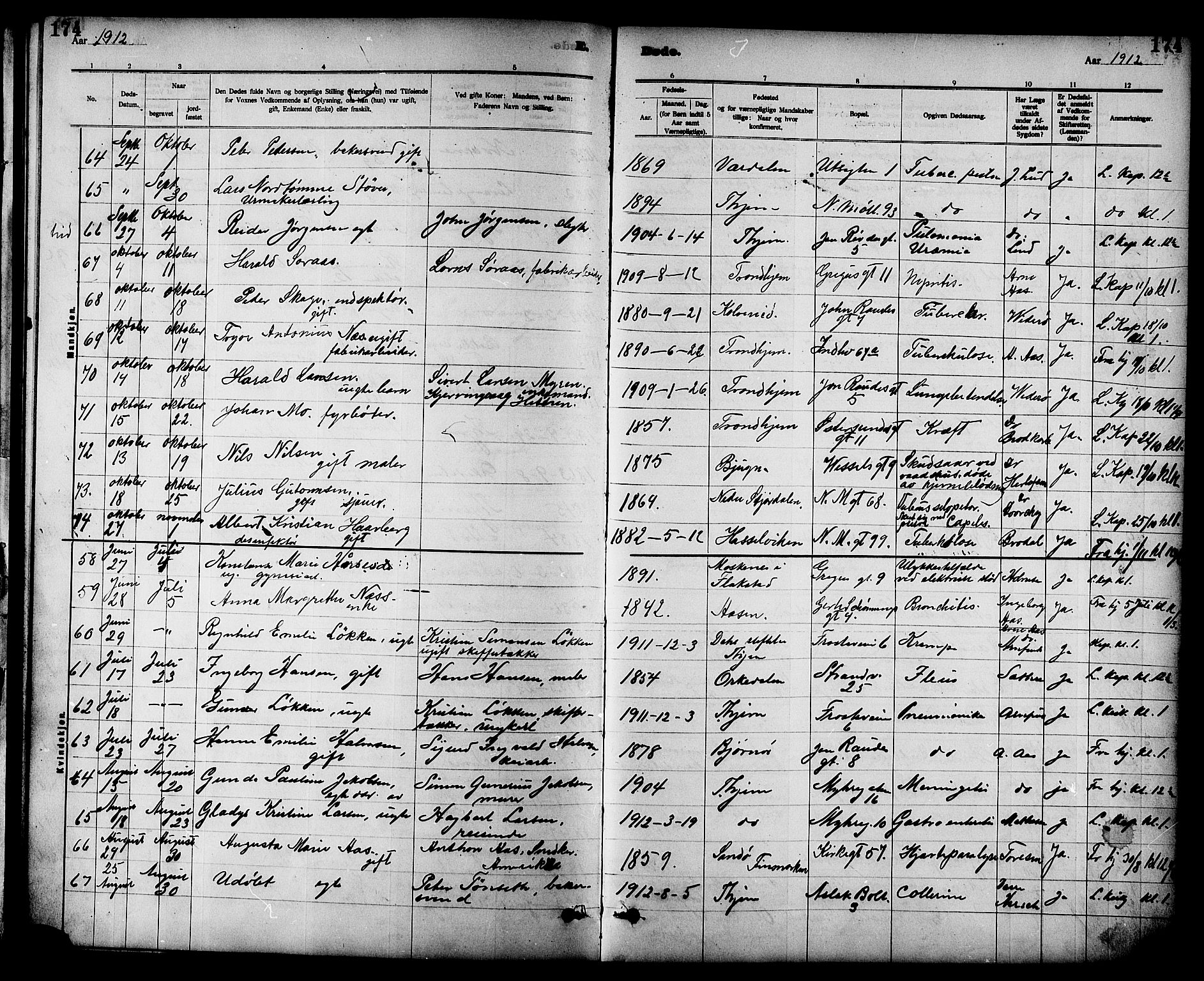 Ministerialprotokoller, klokkerbøker og fødselsregistre - Sør-Trøndelag, AV/SAT-A-1456/605/L0255: Parish register (copy) no. 605C02, 1908-1918, p. 174