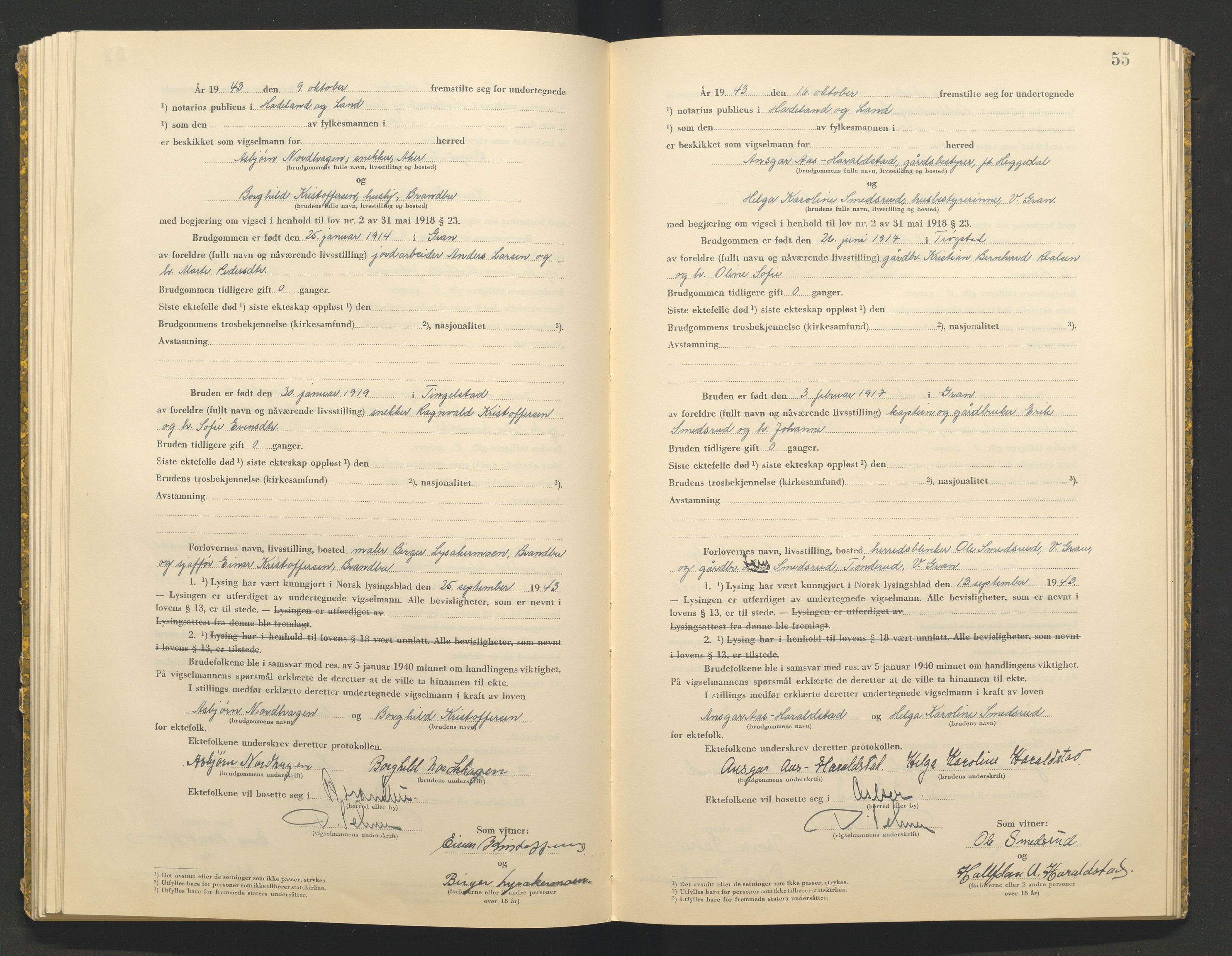 Hadeland og Land tingrett, AV/SAH-TING-010/L/Lb/L0002: Vigselbok, 1943-1944, p. 55
