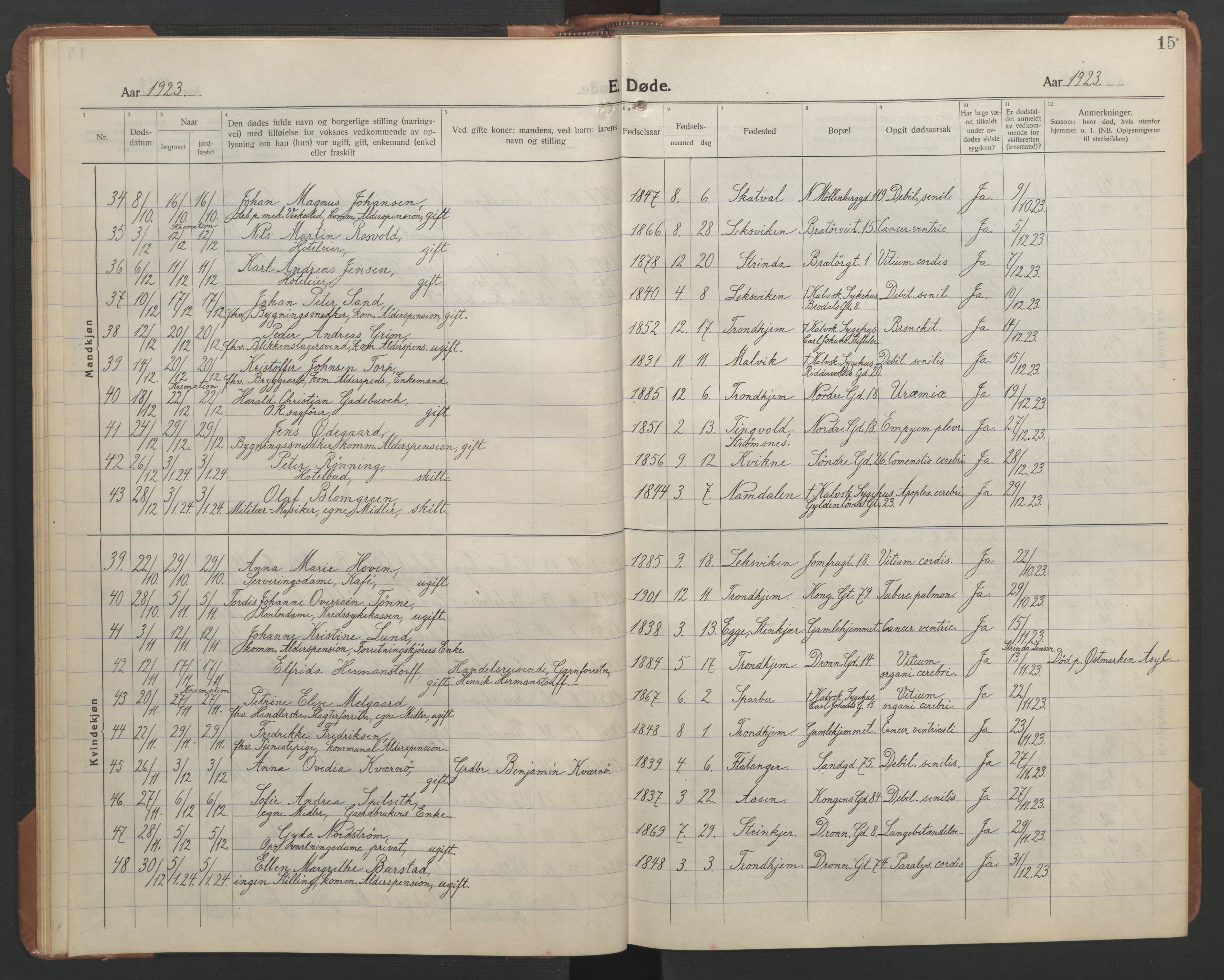 Ministerialprotokoller, klokkerbøker og fødselsregistre - Sør-Trøndelag, SAT/A-1456/602/L0150: Parish register (copy) no. 602C18, 1922-1949, p. 15