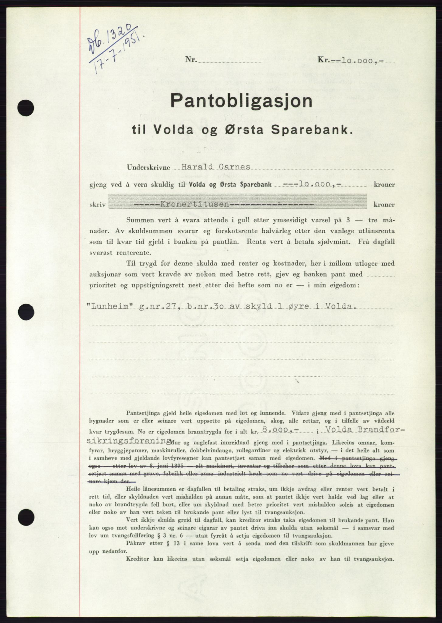 Søre Sunnmøre sorenskriveri, AV/SAT-A-4122/1/2/2C/L0120: Mortgage book no. 8B, 1951-1951, Diary no: : 1320/1951