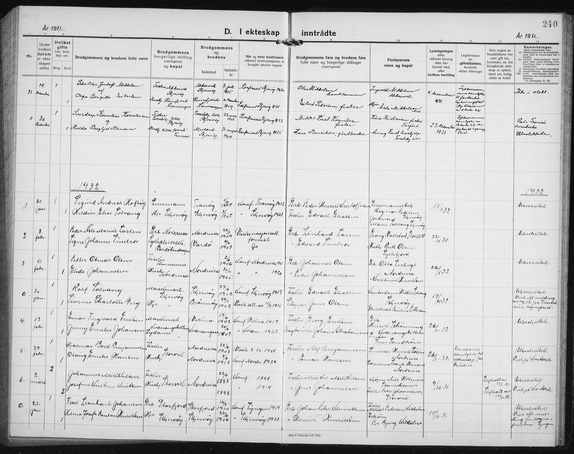 Skjervøy sokneprestkontor, AV/SATØ-S-1300/H/Ha/Hab/L0010klokker: Parish register (copy) no. 10, 1927-1941, p. 240