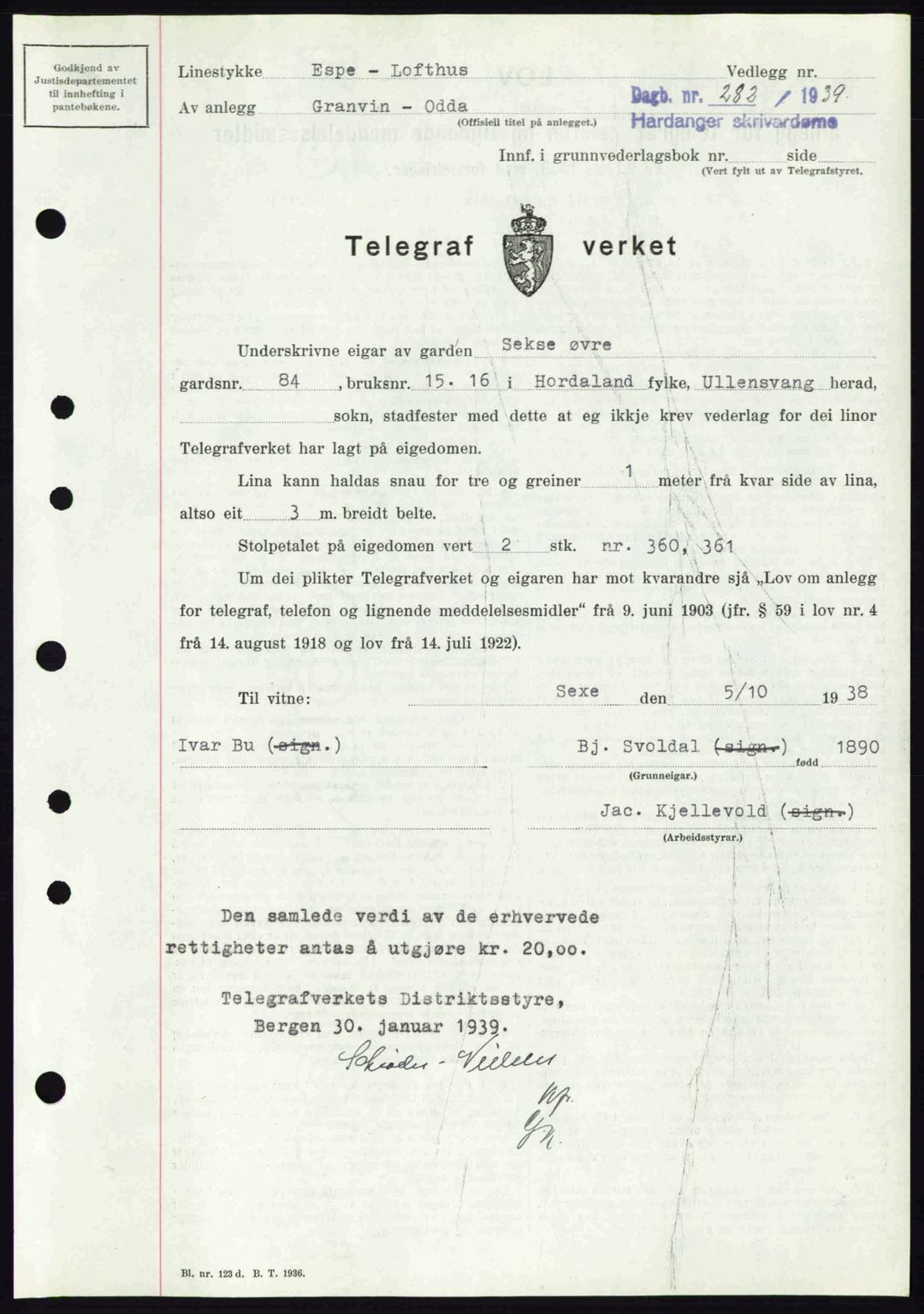 Hardanger sorenskriver, AV/SAB-A-2101/G/Ge/Gec/L0005: Mortgage book no. A5, 1939-1939, Diary no: : 282/1939
