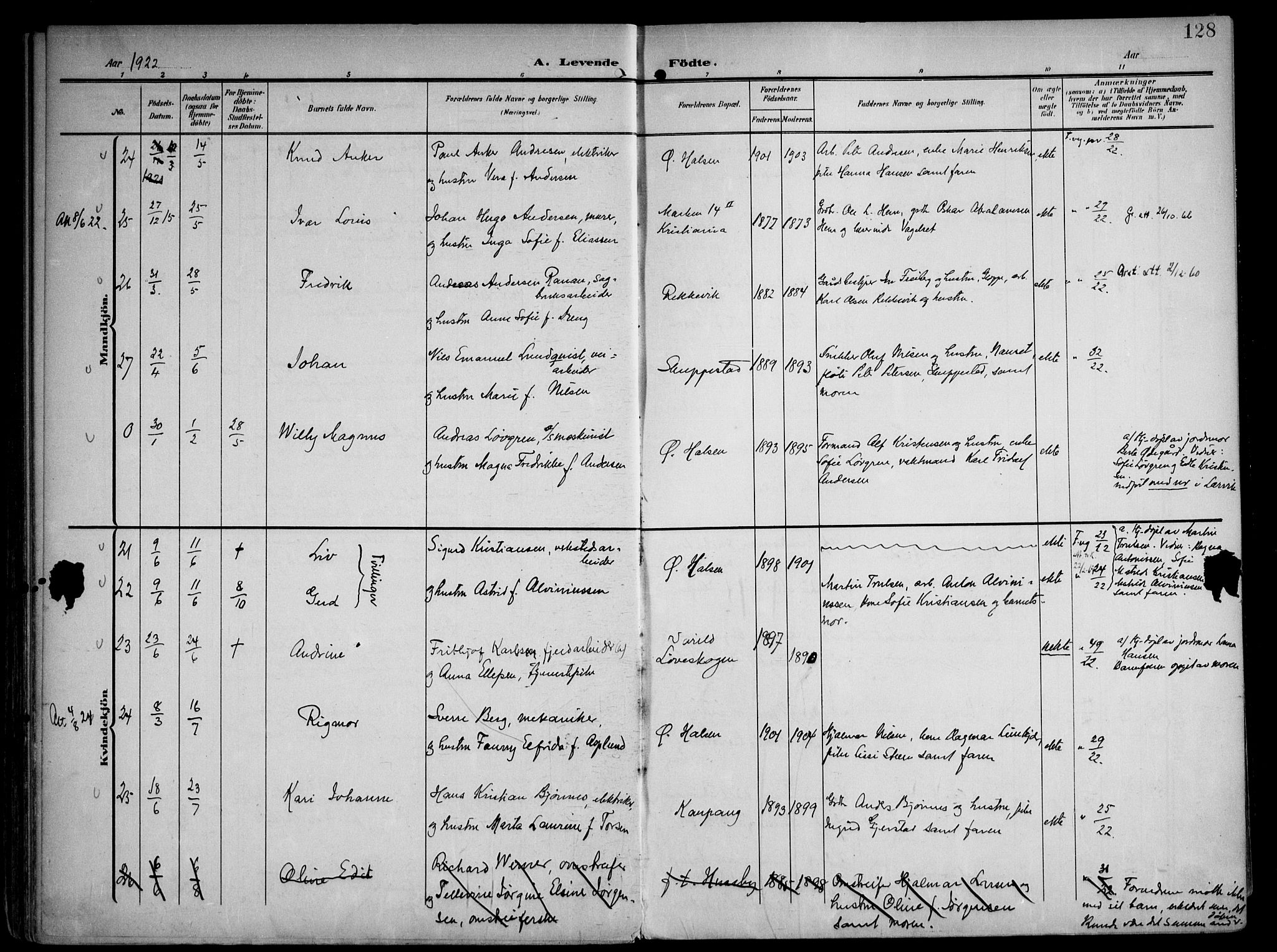 Tjølling kirkebøker, AV/SAKO-A-60/F/Fa/L0010: Parish register (official) no. 10, 1906-1923, p. 128